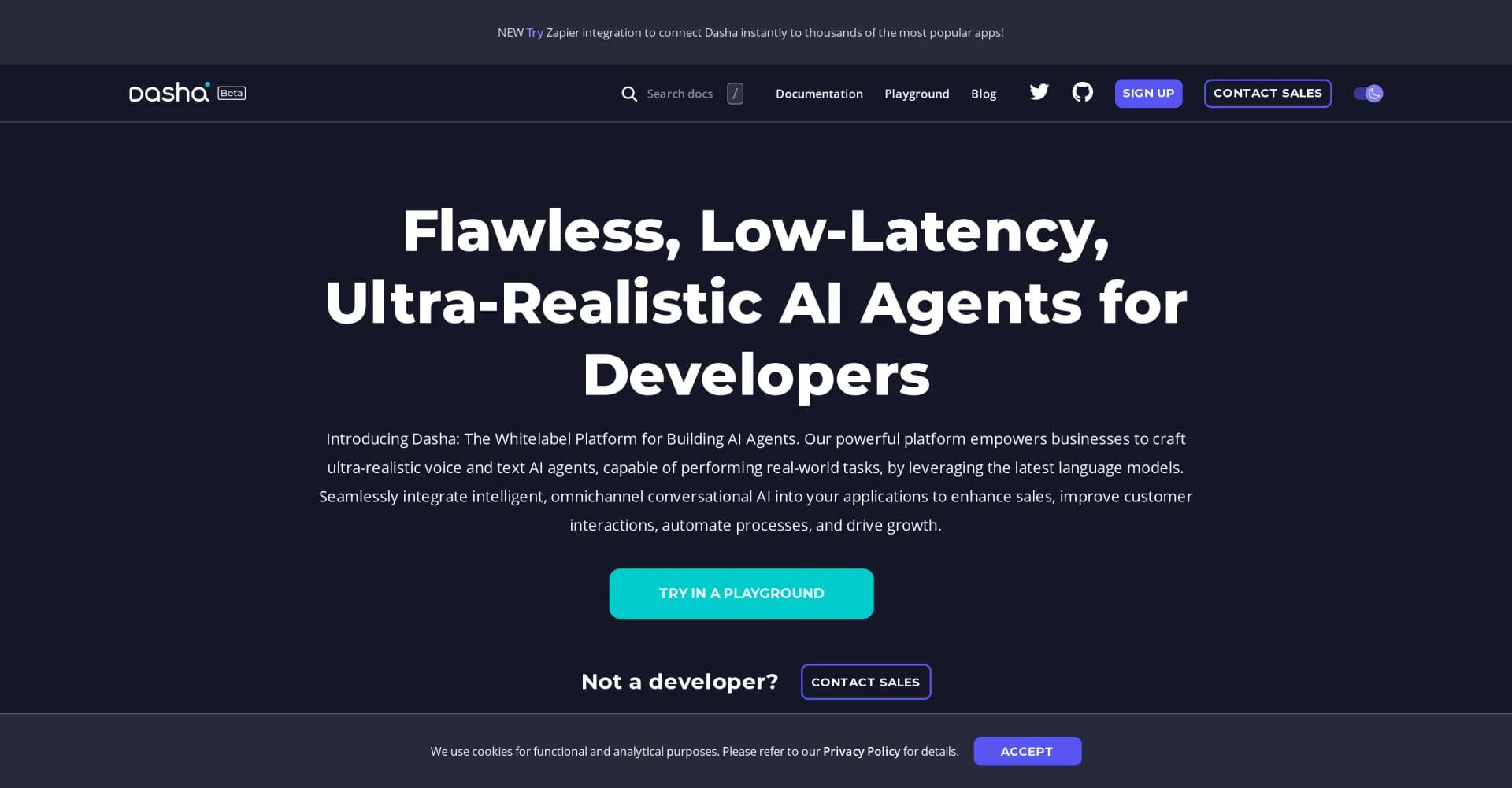Dasha homepage screenshot — Ultra-realistic AI agents for developers