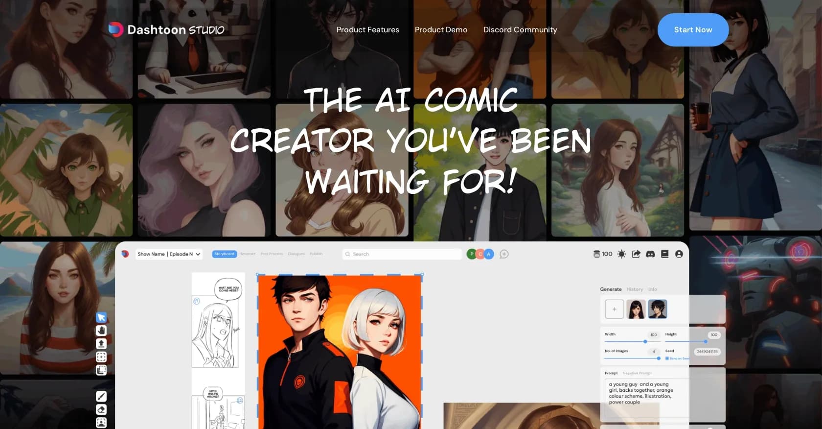 Dashtoon homepage screenshot — Create comics with AI magic