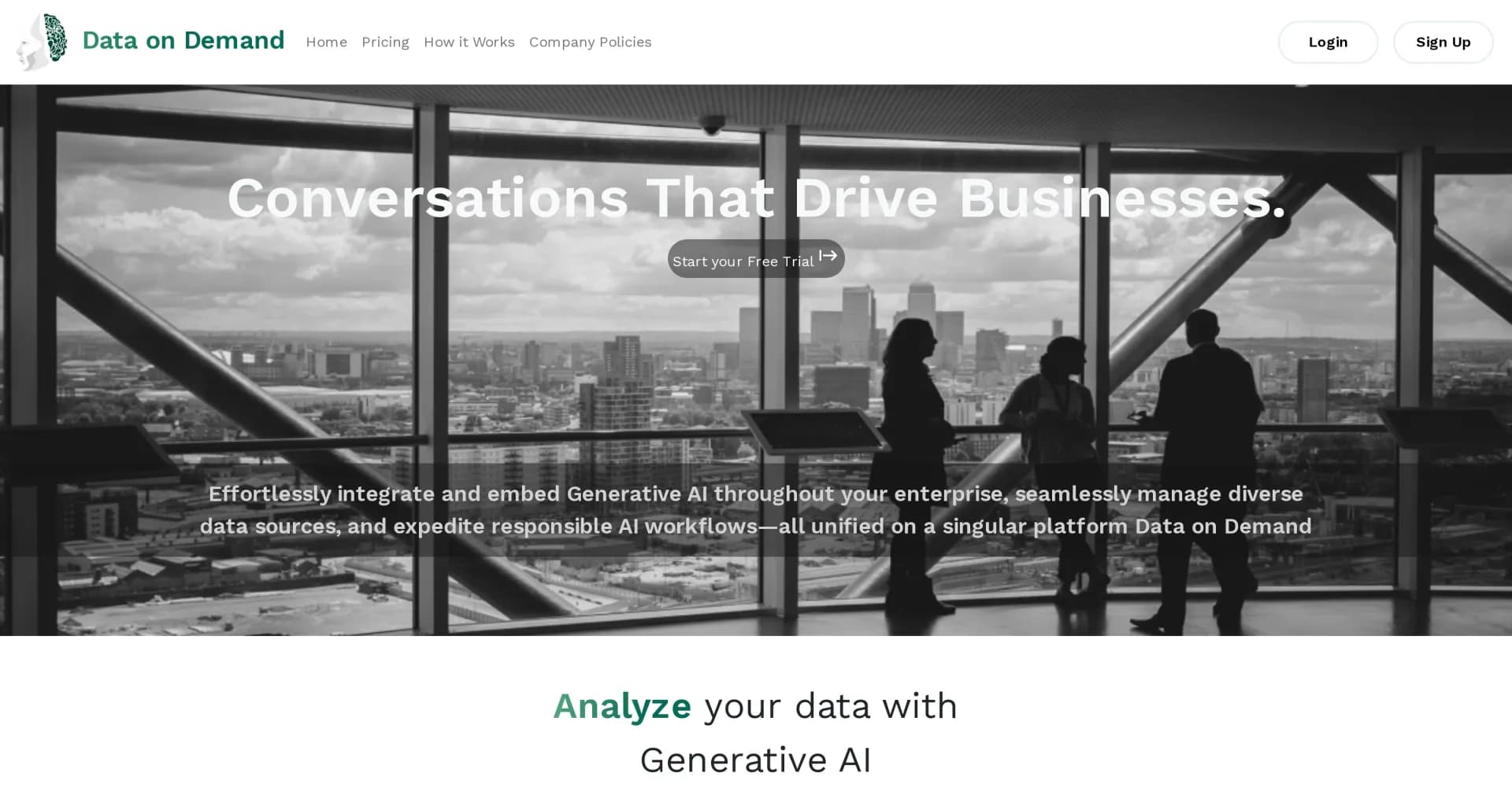Data on Demand homepage screenshot — Integrate and embed AI for seamless data management.