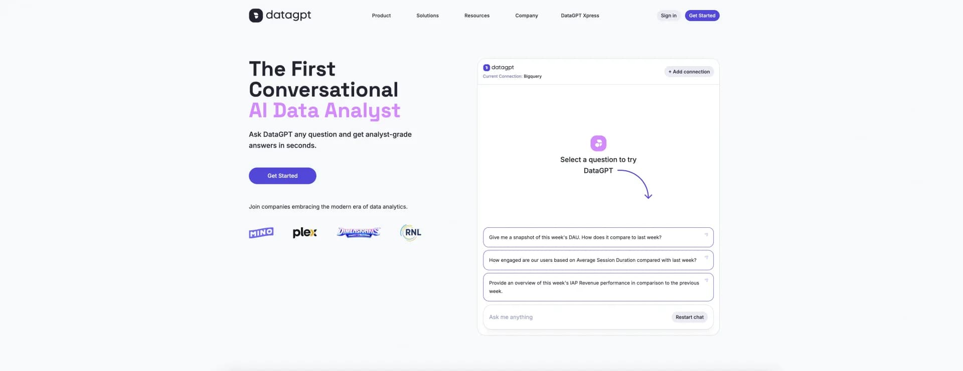 DataGPT homepage screenshot — Ask questions, get instant analyst-grade answers