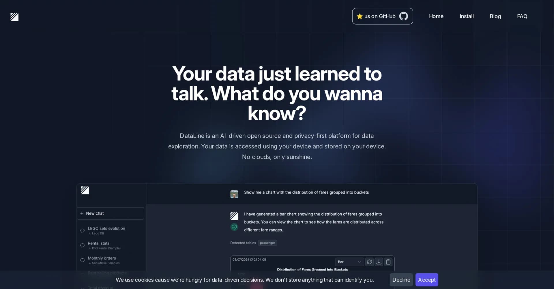 DataLine homepage screenshot — Chat with your data - AI-driven data analysis and visualizat
