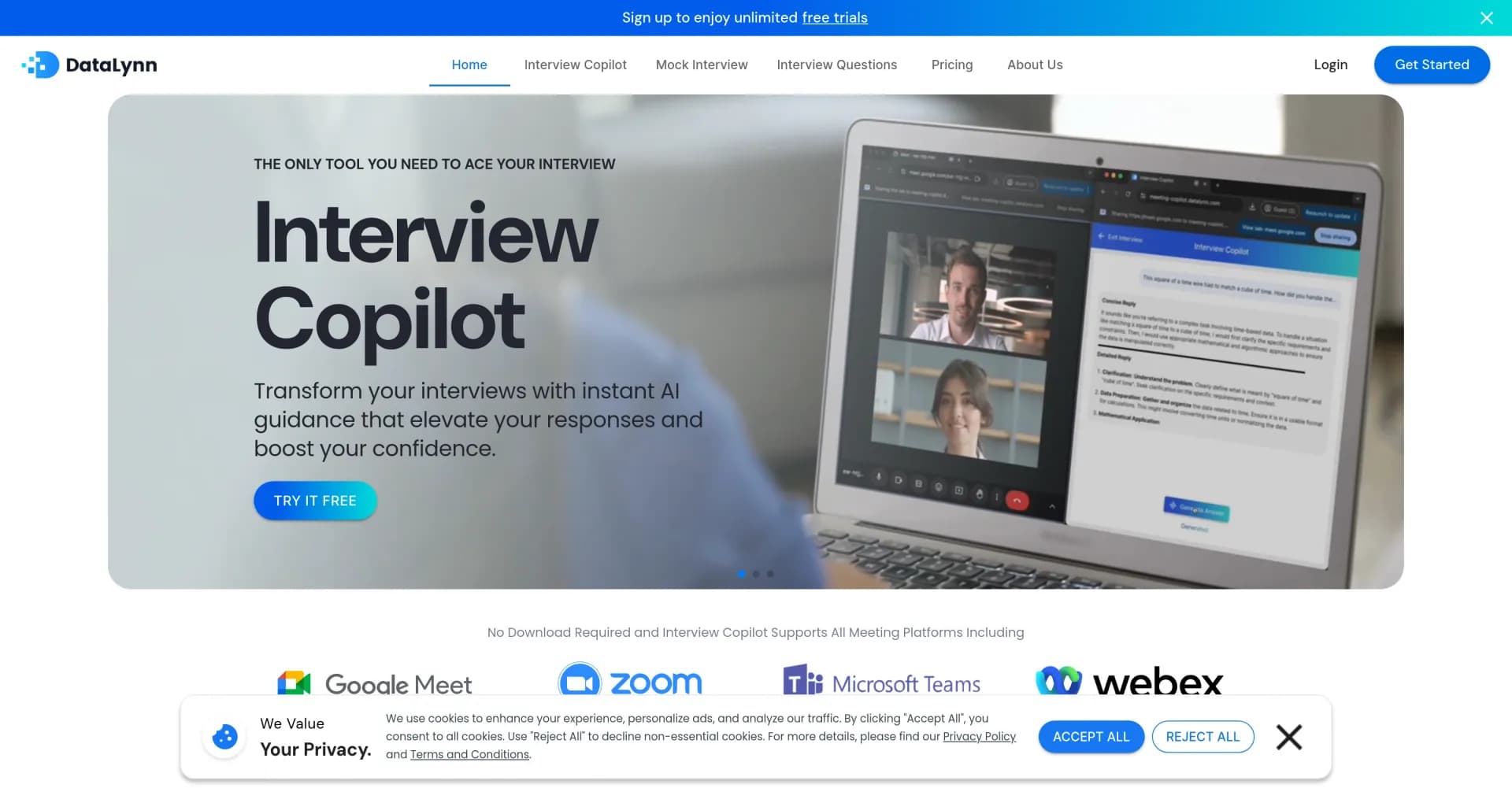 DataLynn homepage screenshot — Skyrocket your interview confidence with AI-powered answers.