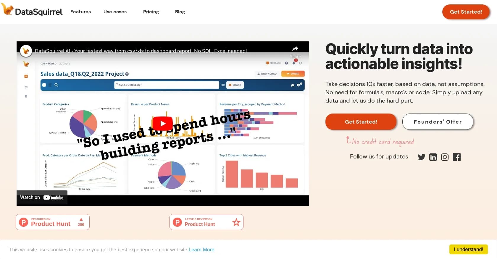 DataSquirrel homepage screenshot — Data cleaning & visualization for insights gained.