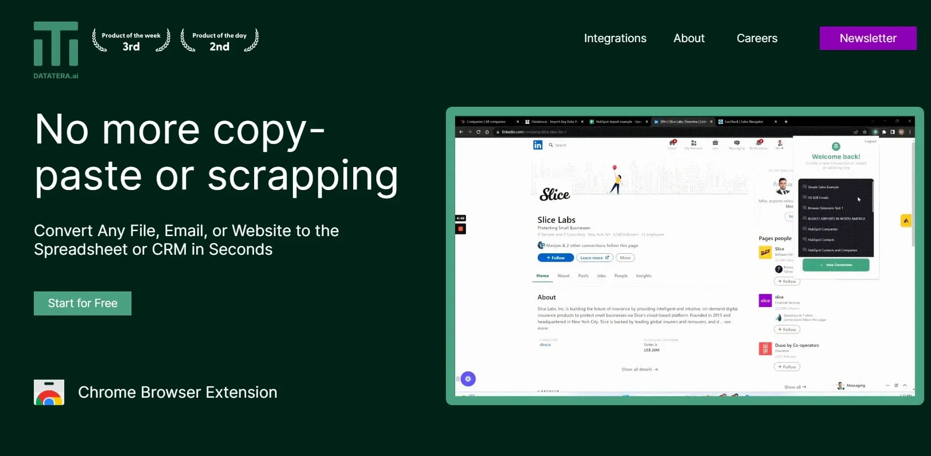 Datatera homepage screenshot — Convert any file or website to spreadsheet or CRM in seconds