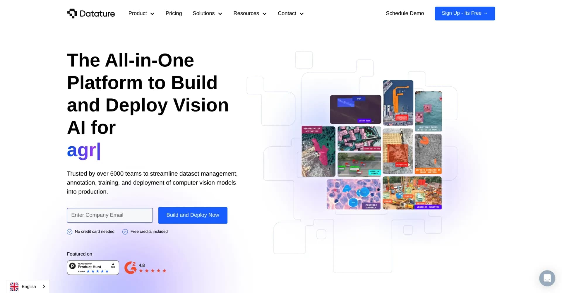Datature homepage screenshot — Build computer vision apps without code