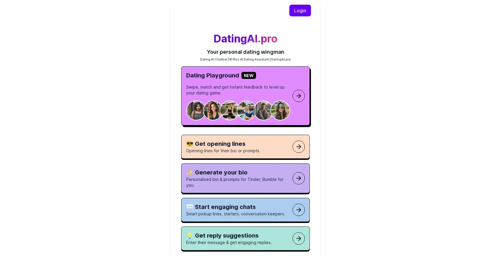 Dating AI Pro homepage screenshot — Your personal dating wingman for all apps
