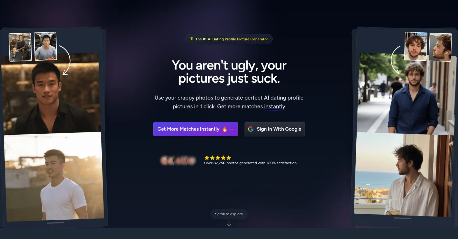 DatingShoot homepage screenshot — Generate perfect AI dating profile pictures in 1 click