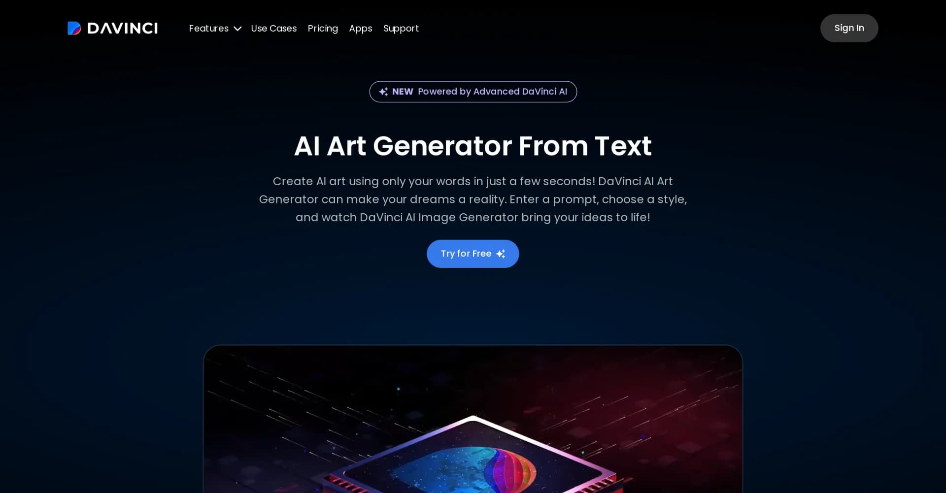 DaVinci - AI Art Generator homepage screenshot — Create stunning AI art in seconds.