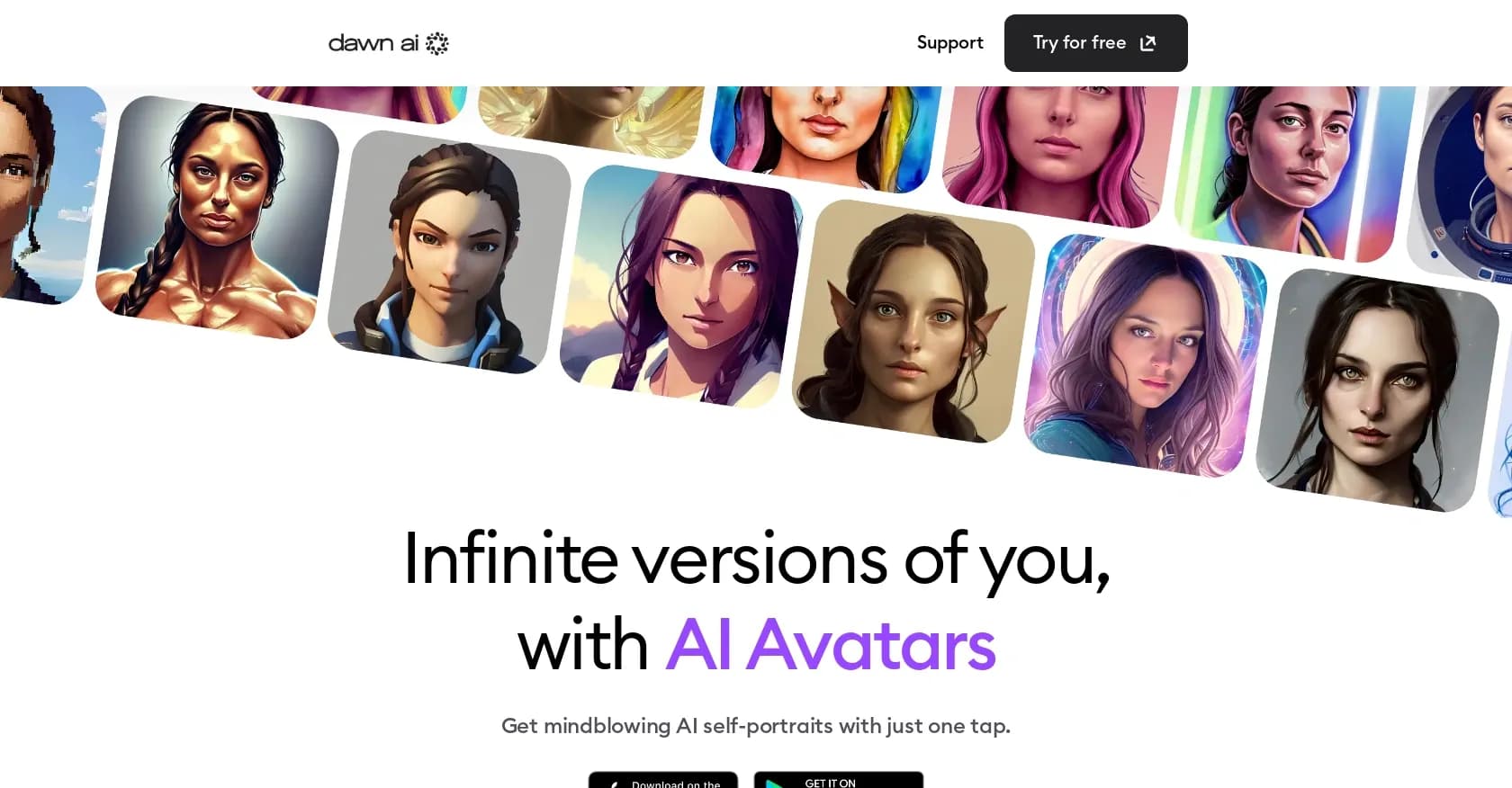 Dawn AI homepage screenshot — Create stunning AI avatars with a single tap.