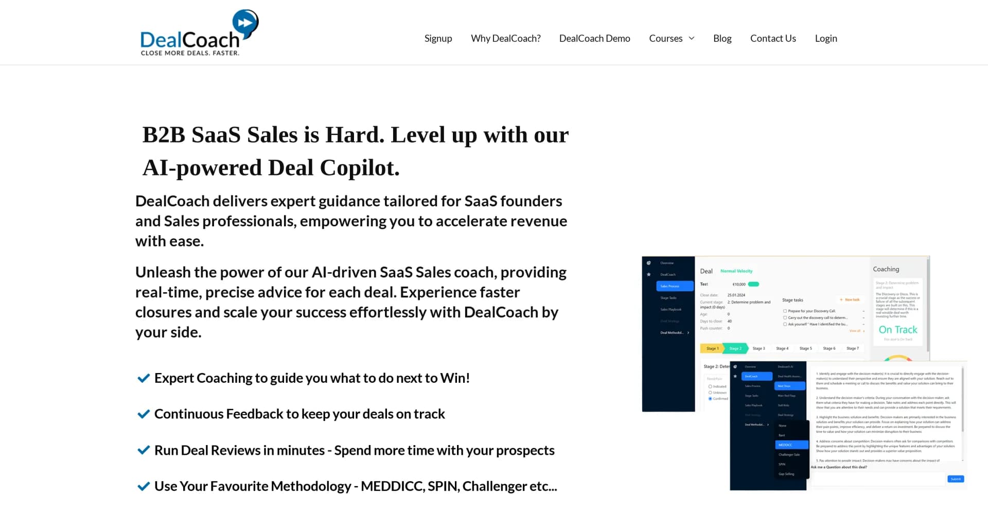 DealCoach homepage screenshot — AI-powered Deal Copilot for B2B SaaS sales success.