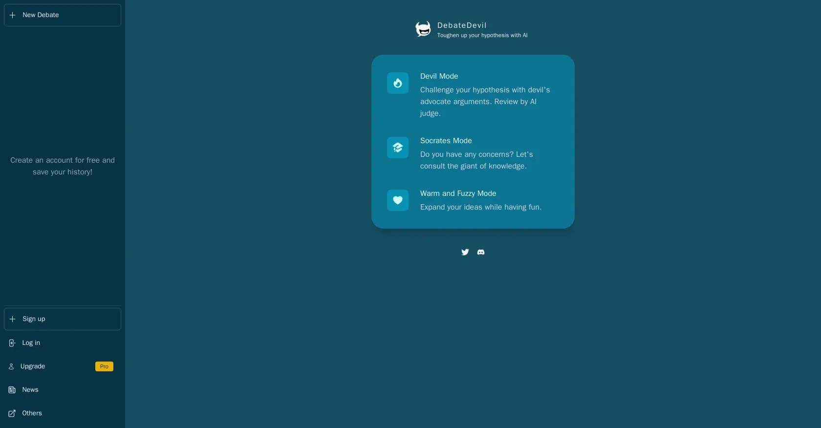 Debate Devil homepage screenshot — Toughen up your hypothesis with AI