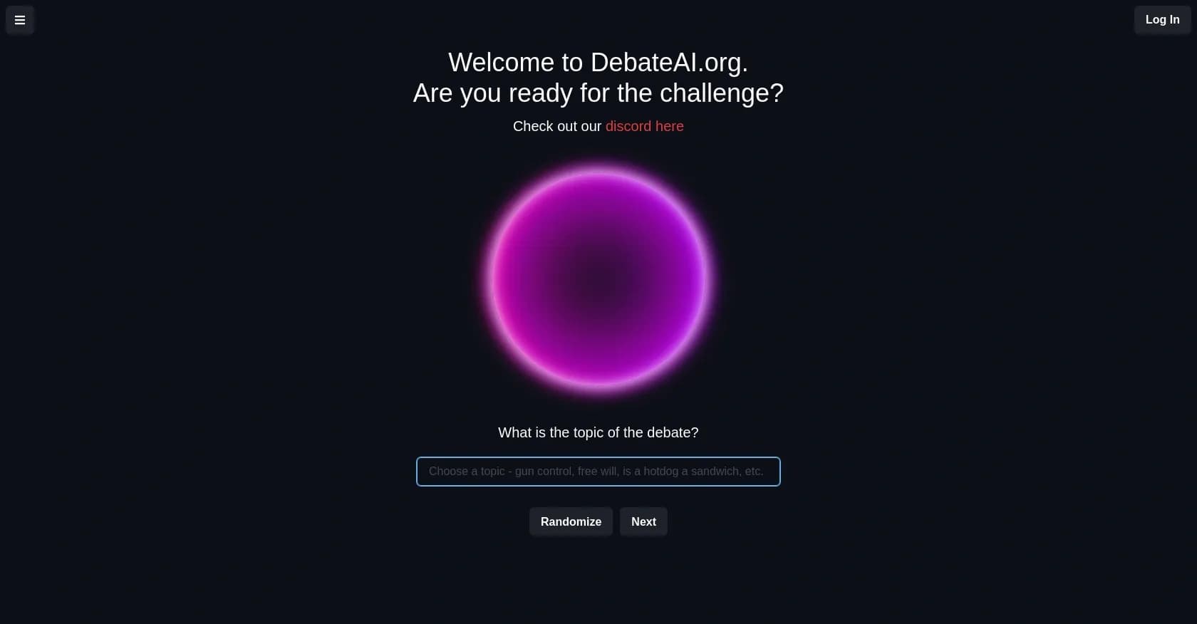 DebateAI homepage screenshot — AI-powered tool to sharpen your debate skills.