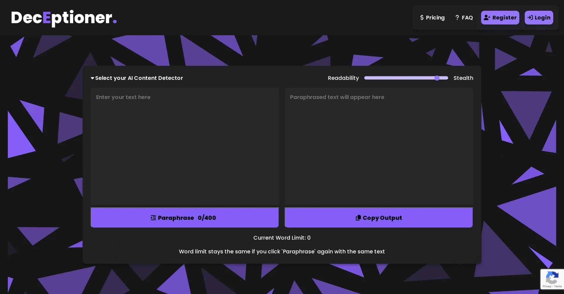 DecEptioner homepage screenshot — Masquerades AI Text like a pro!