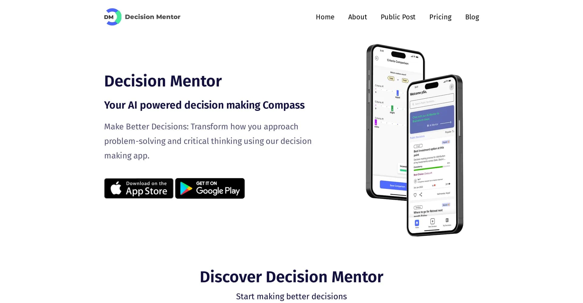 Decisionmentor homepage screenshot — AI-powered compass for better decision making.