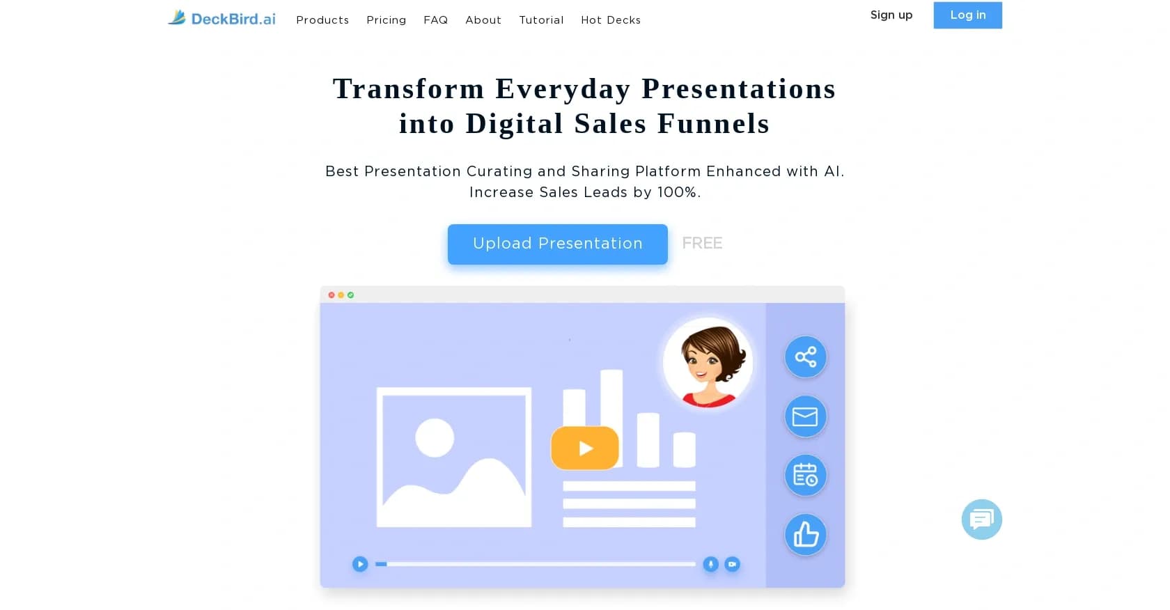 DeckBird homepage screenshot — Turn presentations into digital sales funnels.