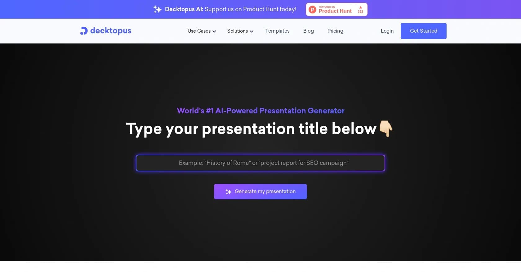 Decktopus AI homepage screenshot — Your on-demand presentation generator.