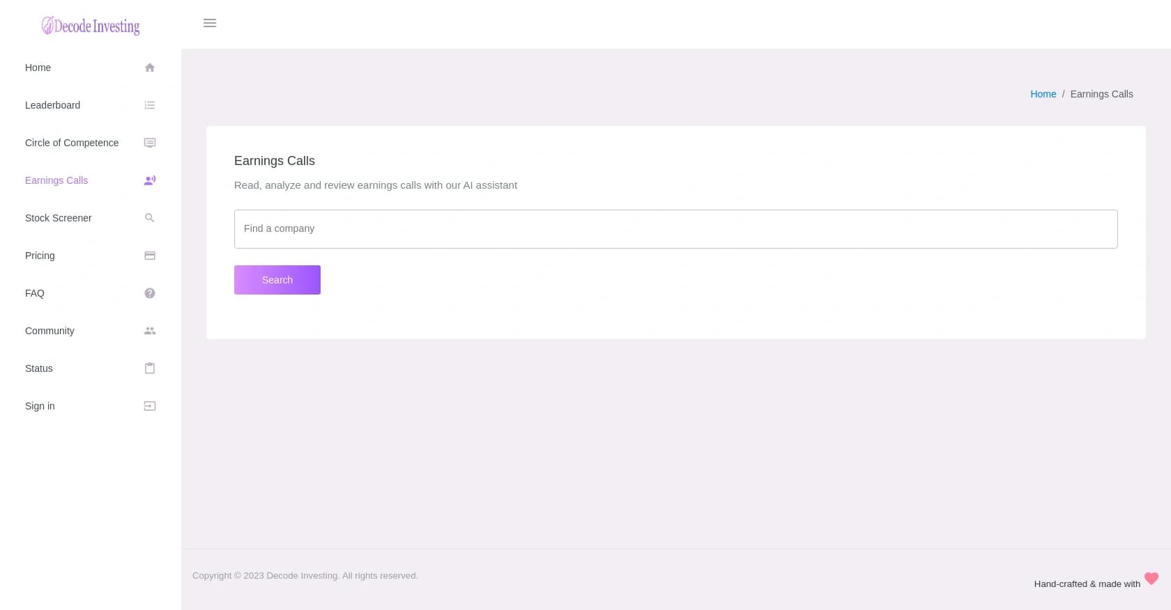 Decode Investing homepage screenshot — Discover great investment ideas with AI-powered tools.