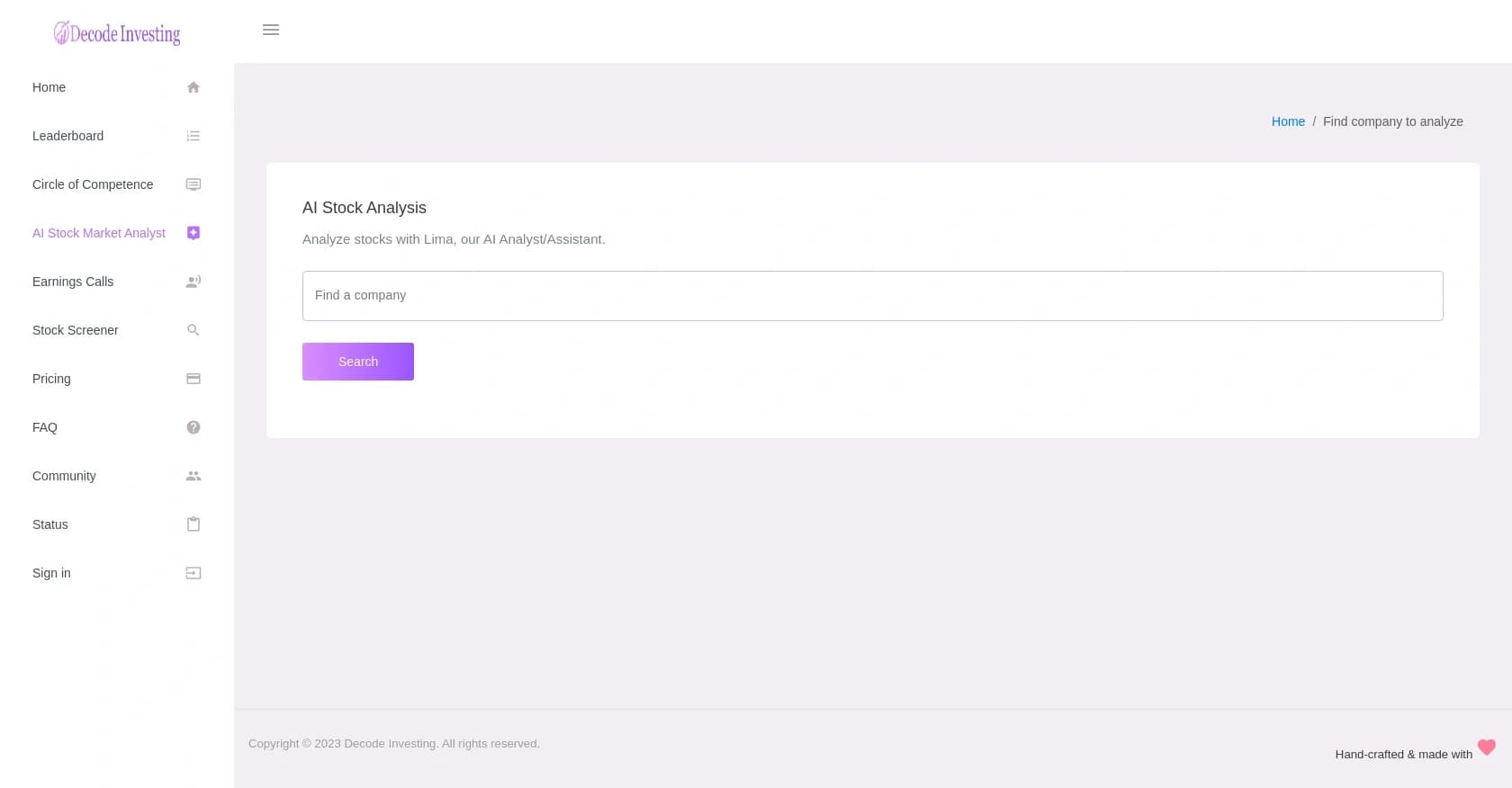 Decode Investing Stock Analysis homepage screenshot — AI-powered stock market analysis and insights