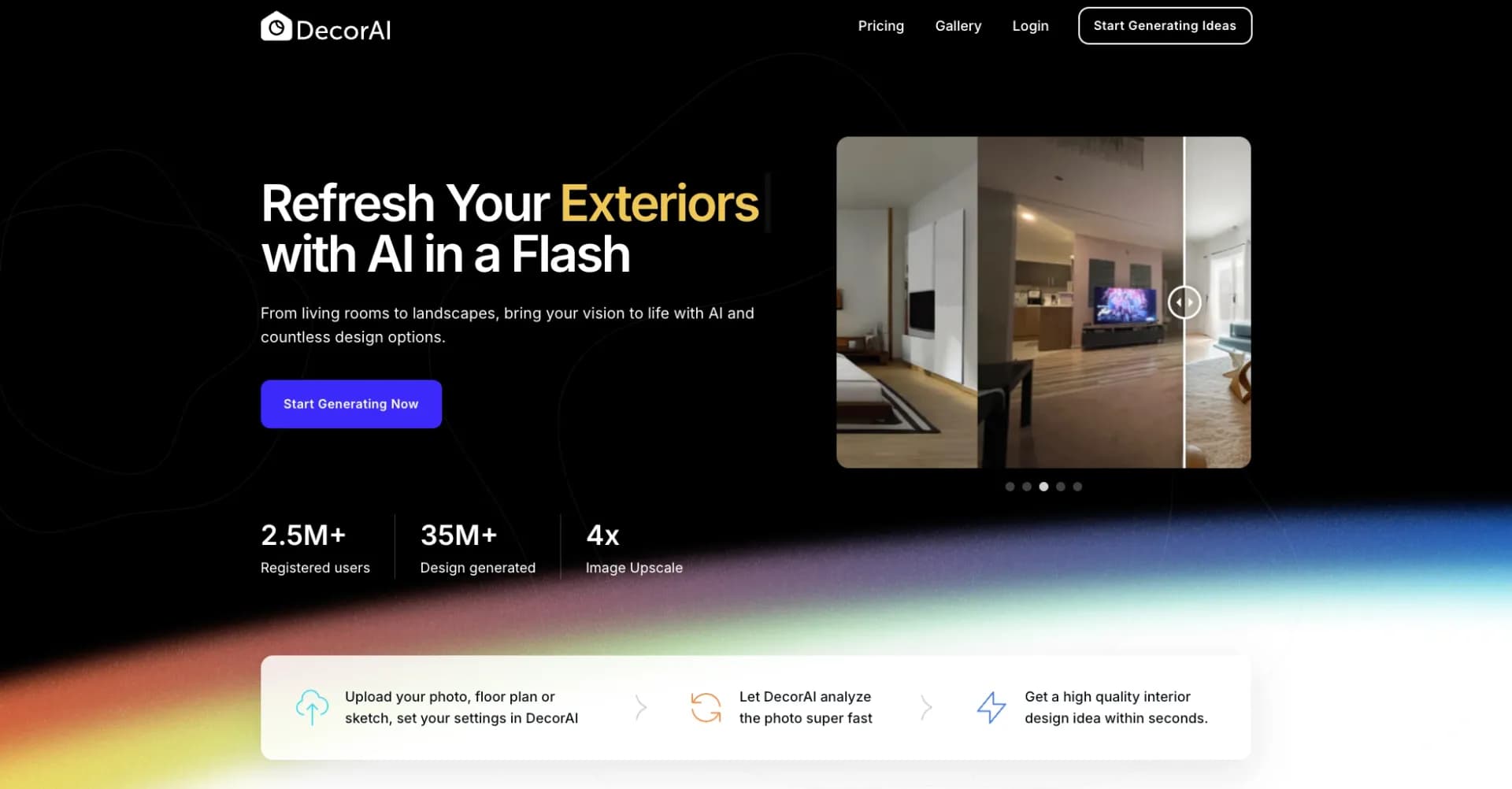 DecorAI homepage screenshot — From living rooms to landscapes, bring your vision to life w