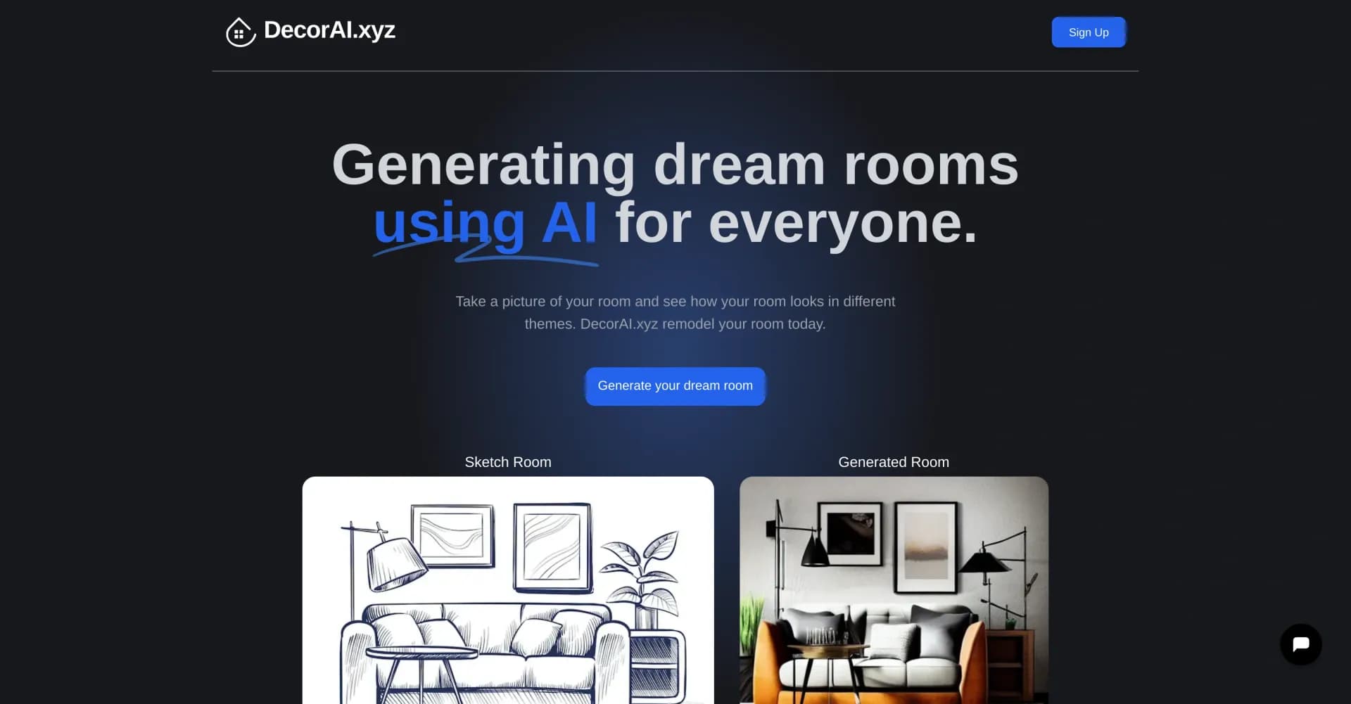 DecorAI.xyz homepage screenshot — Transform your room with AI-generated designs in seconds.