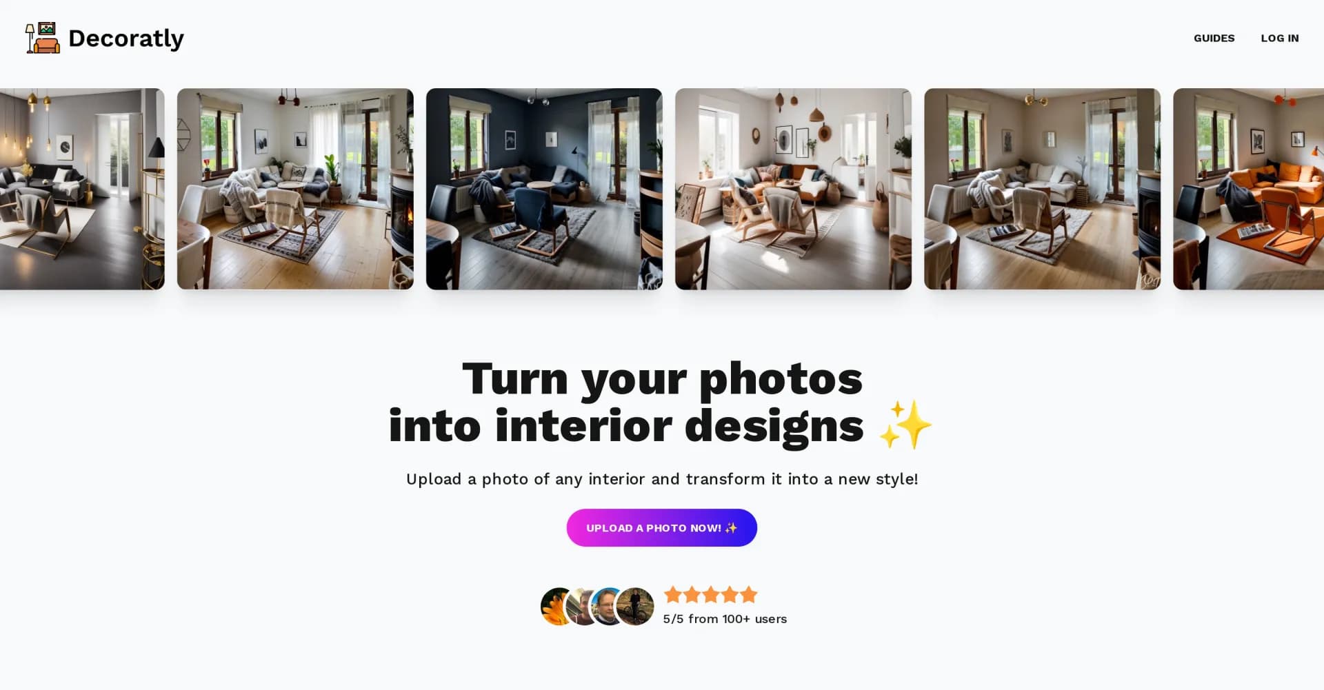 Decoratly homepage screenshot — Transform photos into stunning interior designs.