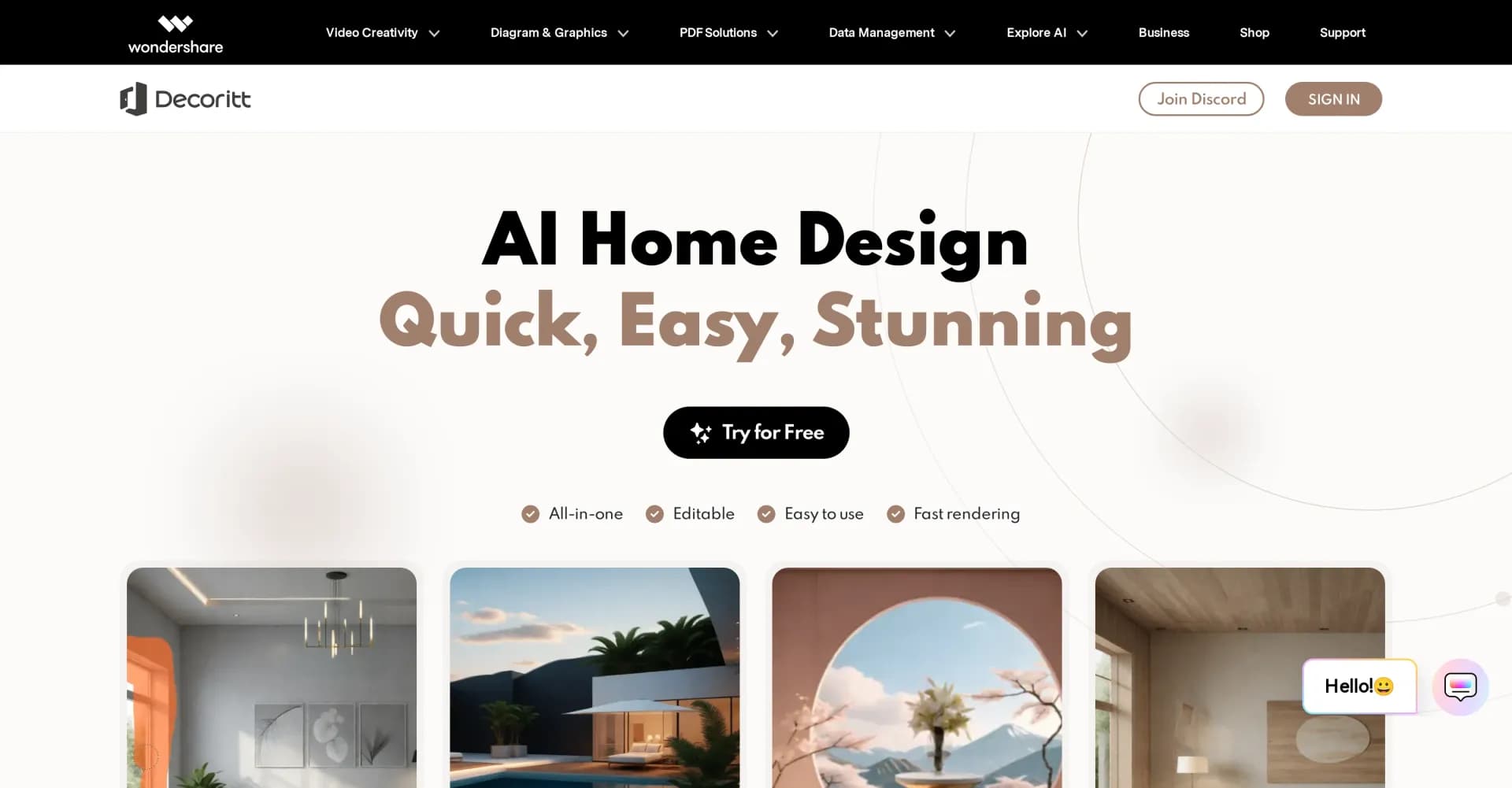 Decoritt homepage screenshot — AI-powered interior design in one click