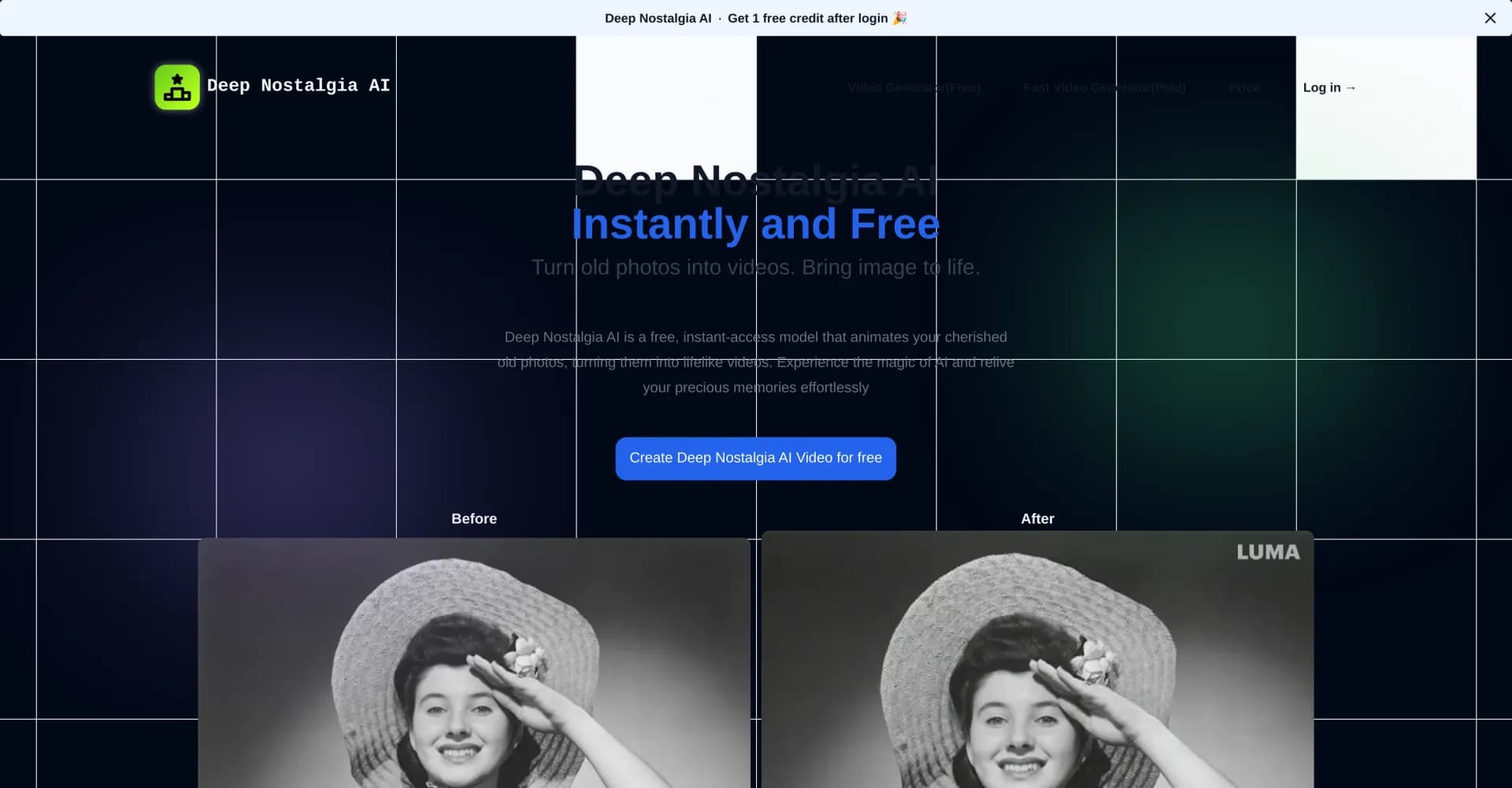 Deep Nostalgia AI homepage screenshot — Breathe life into old photos with AI animation.