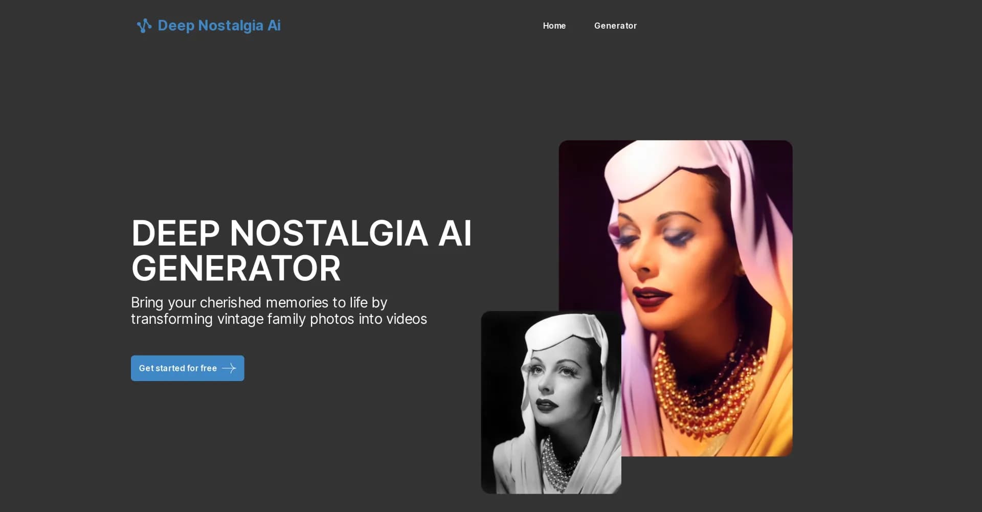 Deep NostalgiaAi homepage screenshot — Bring old family photos to life with AI videos.