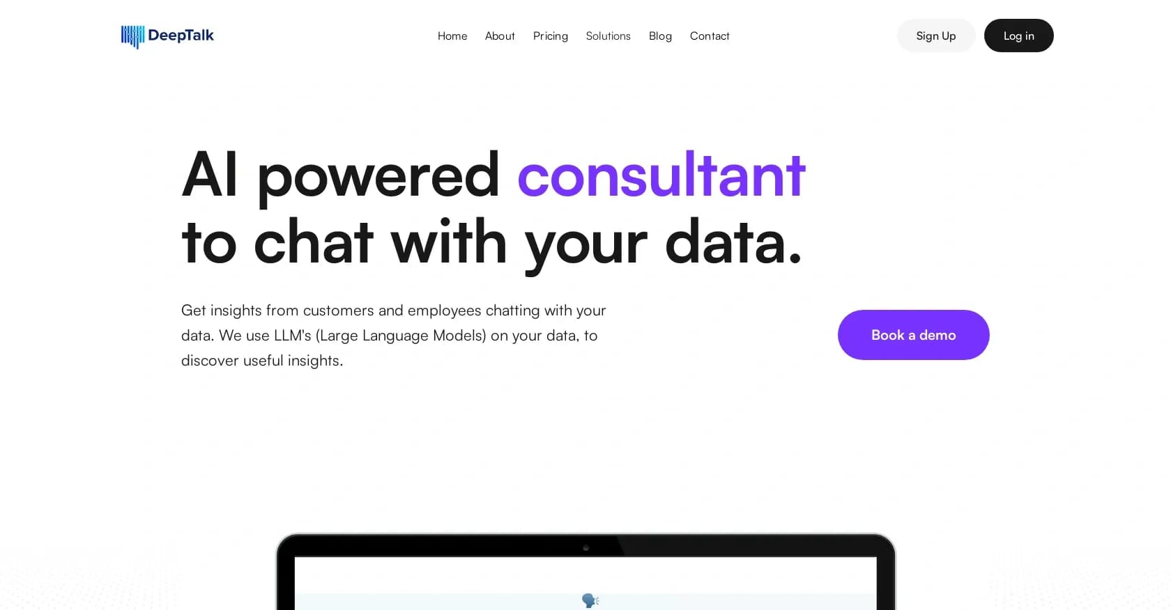 Deep-talk.ai homepage screenshot — AI-powered chat for instant data insights