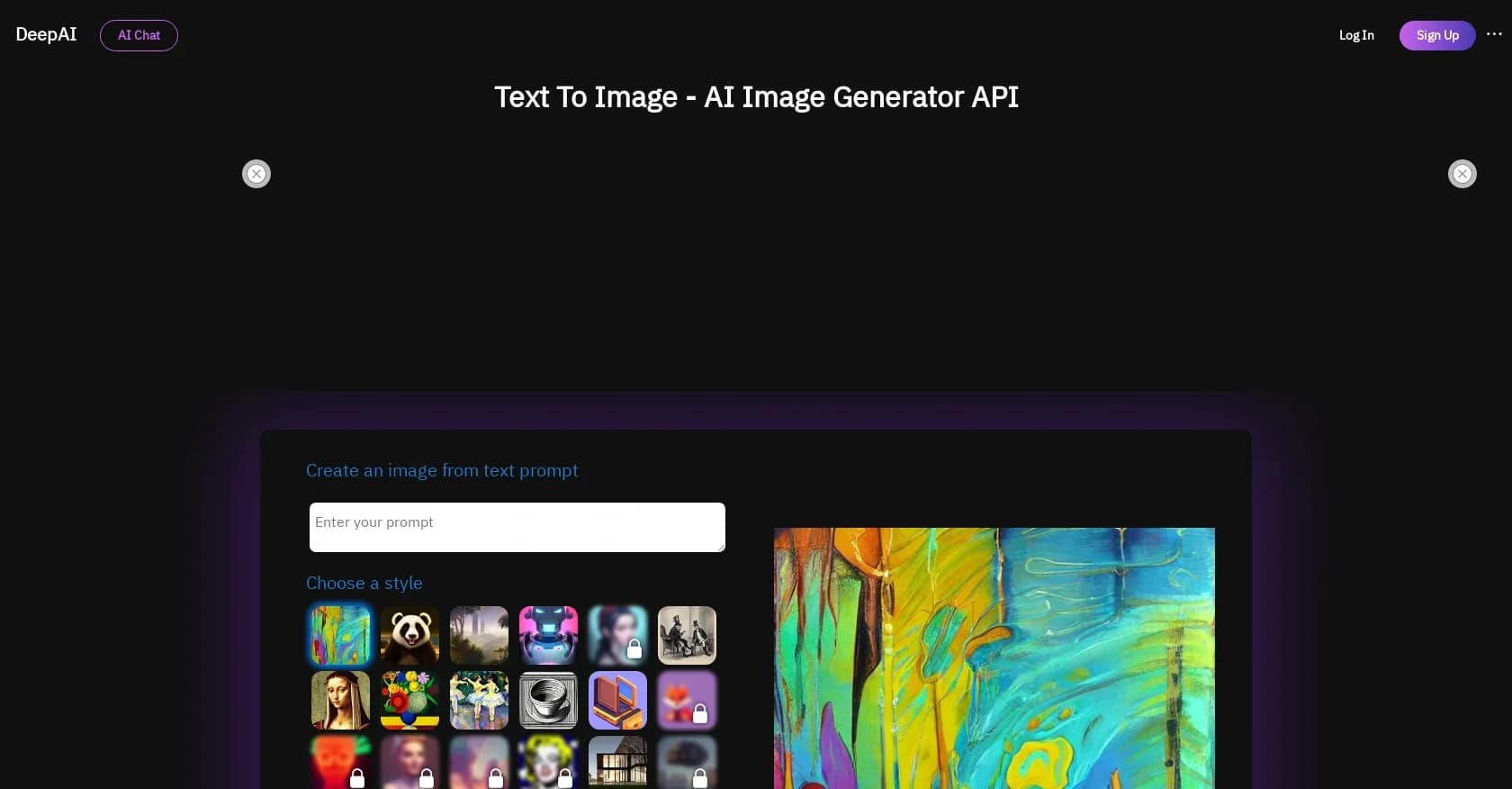 DeepAI homepage screenshot — Create unique images from text descriptions with AI.