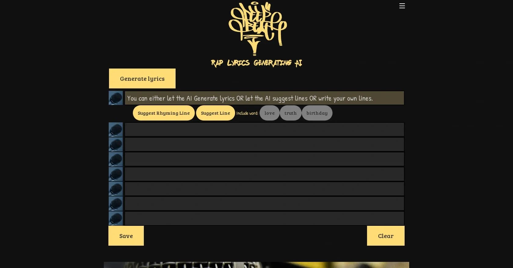 DeepBeat homepage screenshot — AI-powered rap lyric generator for aspiring artists.