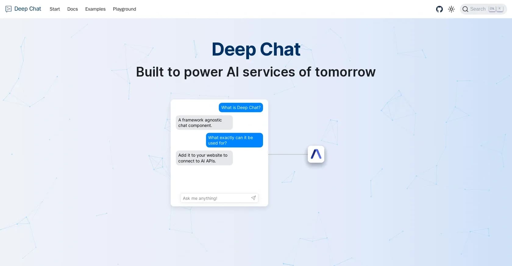 DeepChat homepage screenshot — Power tomorrow's AI services with versatile chat