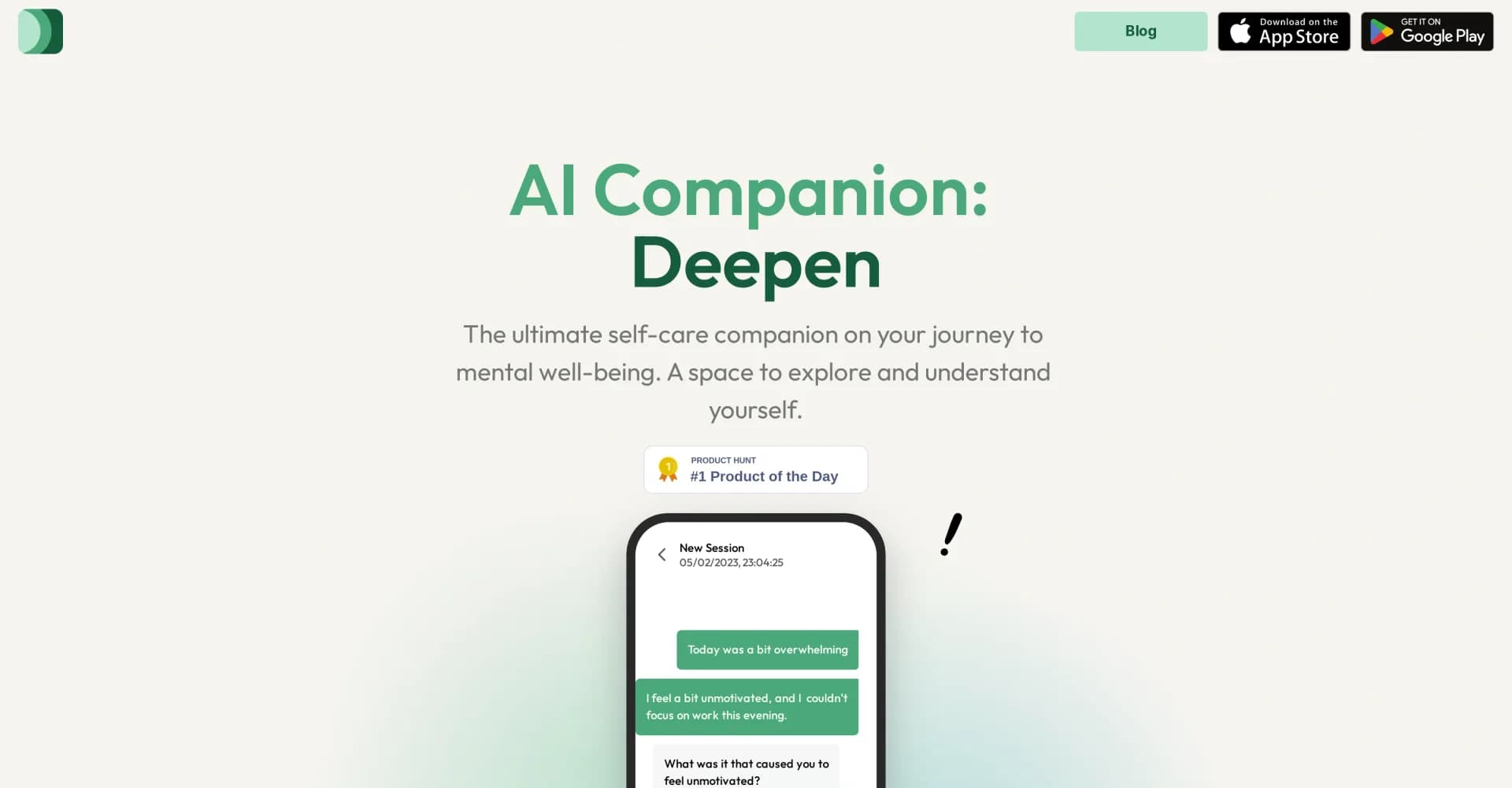 Deepen homepage screenshot — AI therapy to understand and track your emotions.