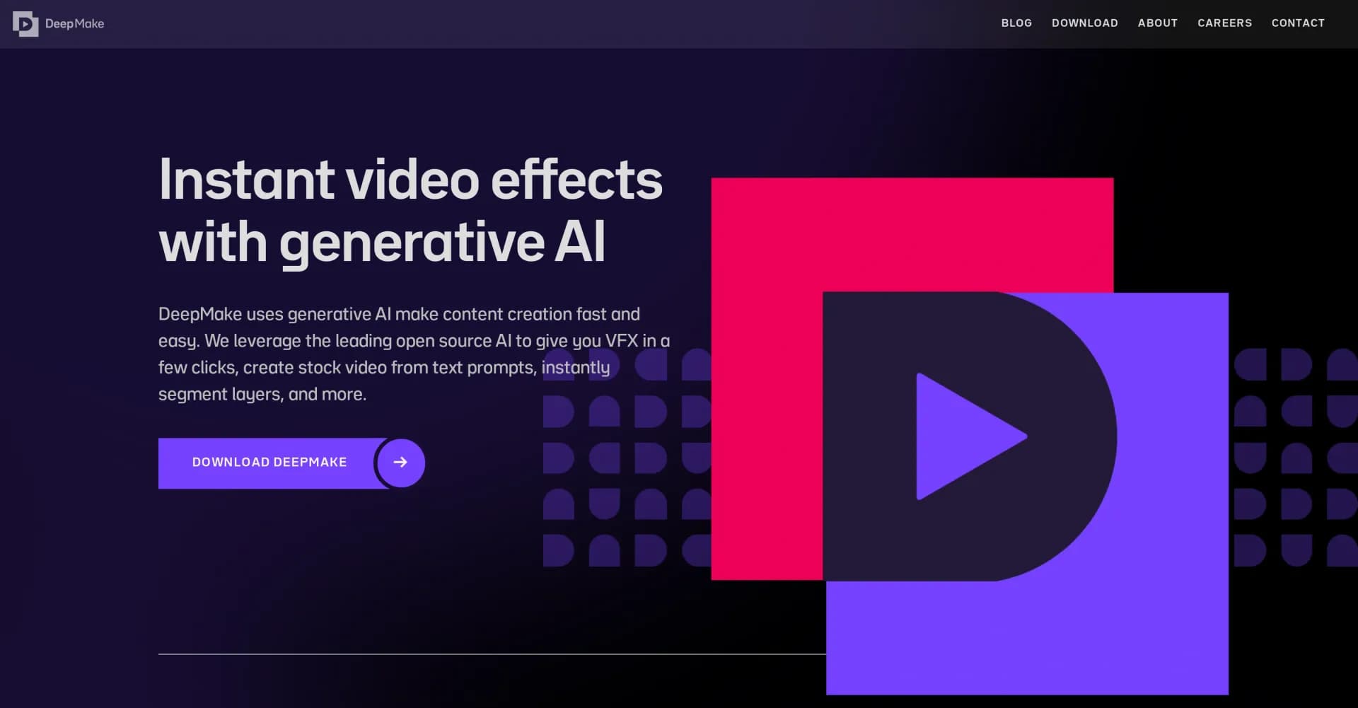 DeepMake homepage screenshot — Create stunning VFX with AI in just a few clicks.