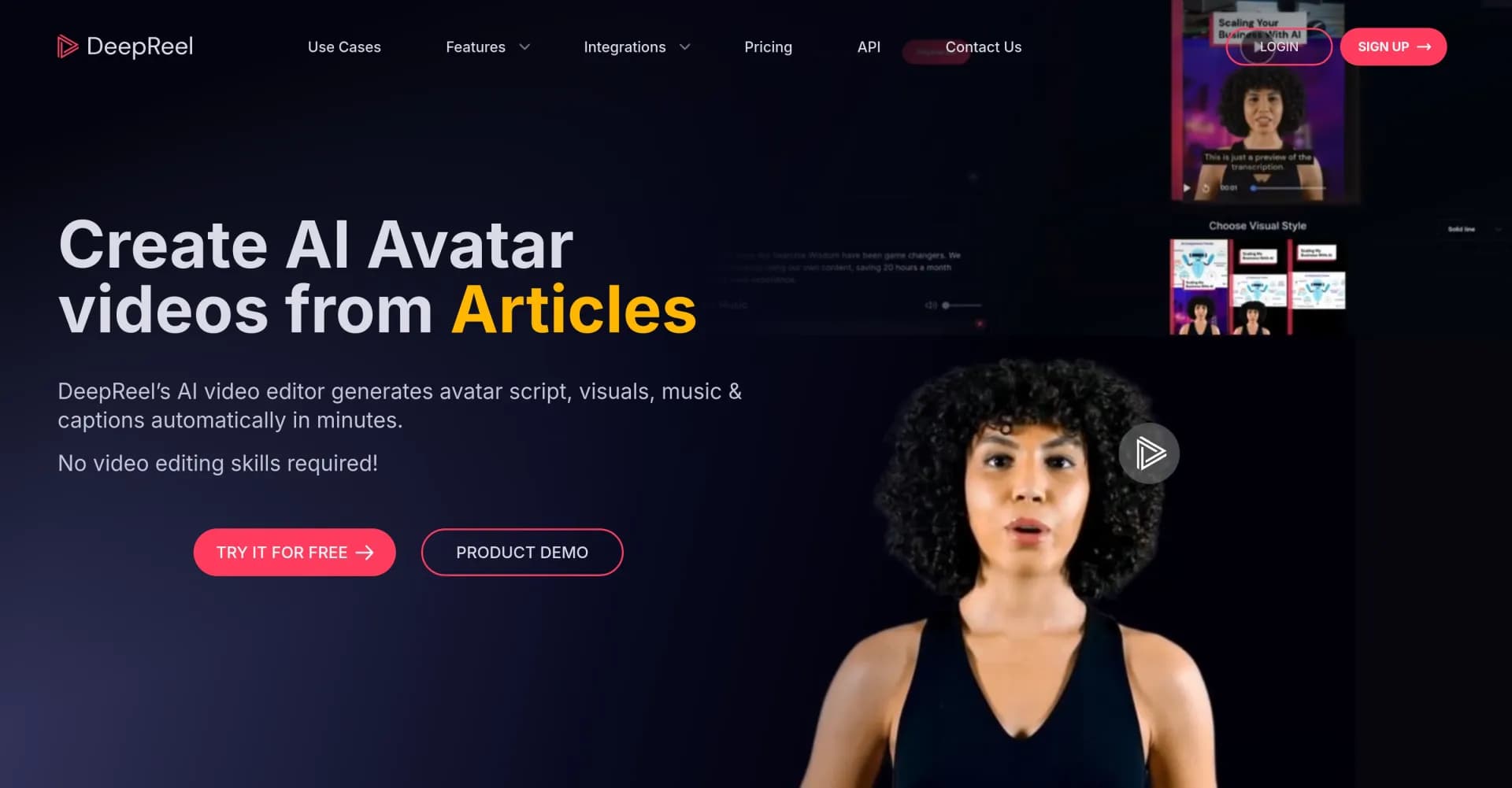 DeepReel homepage screenshot — Create AI avatar videos from text in minutes.