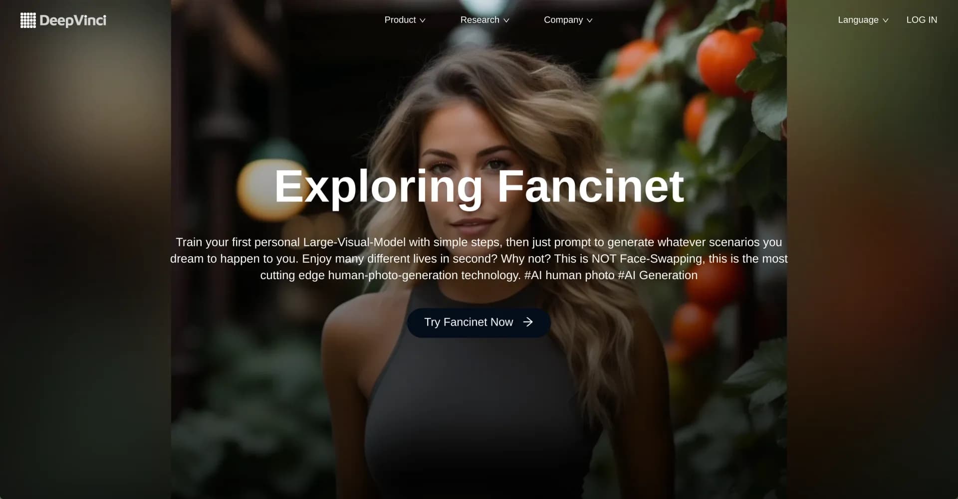 DeepVinci homepage screenshot — Generate creative images from words.