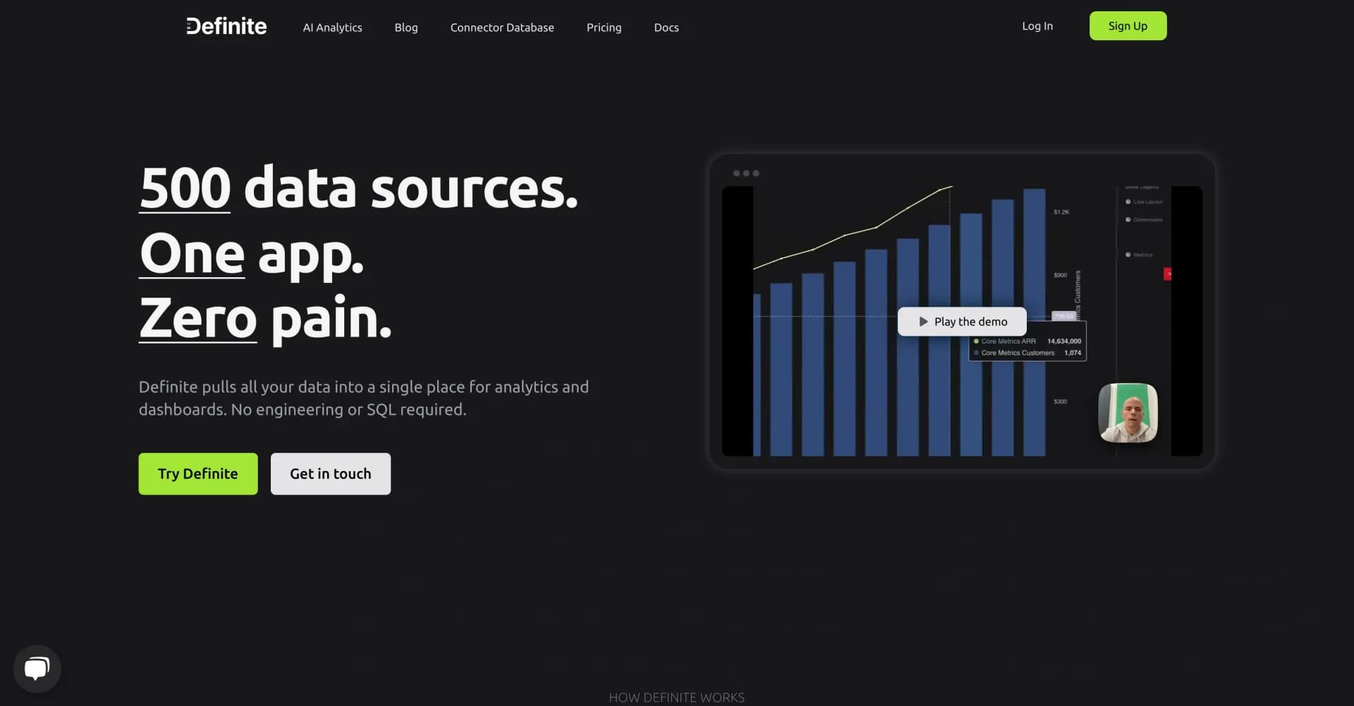 Definite homepage screenshot — Unify data from 500 sources for effortless analytics.