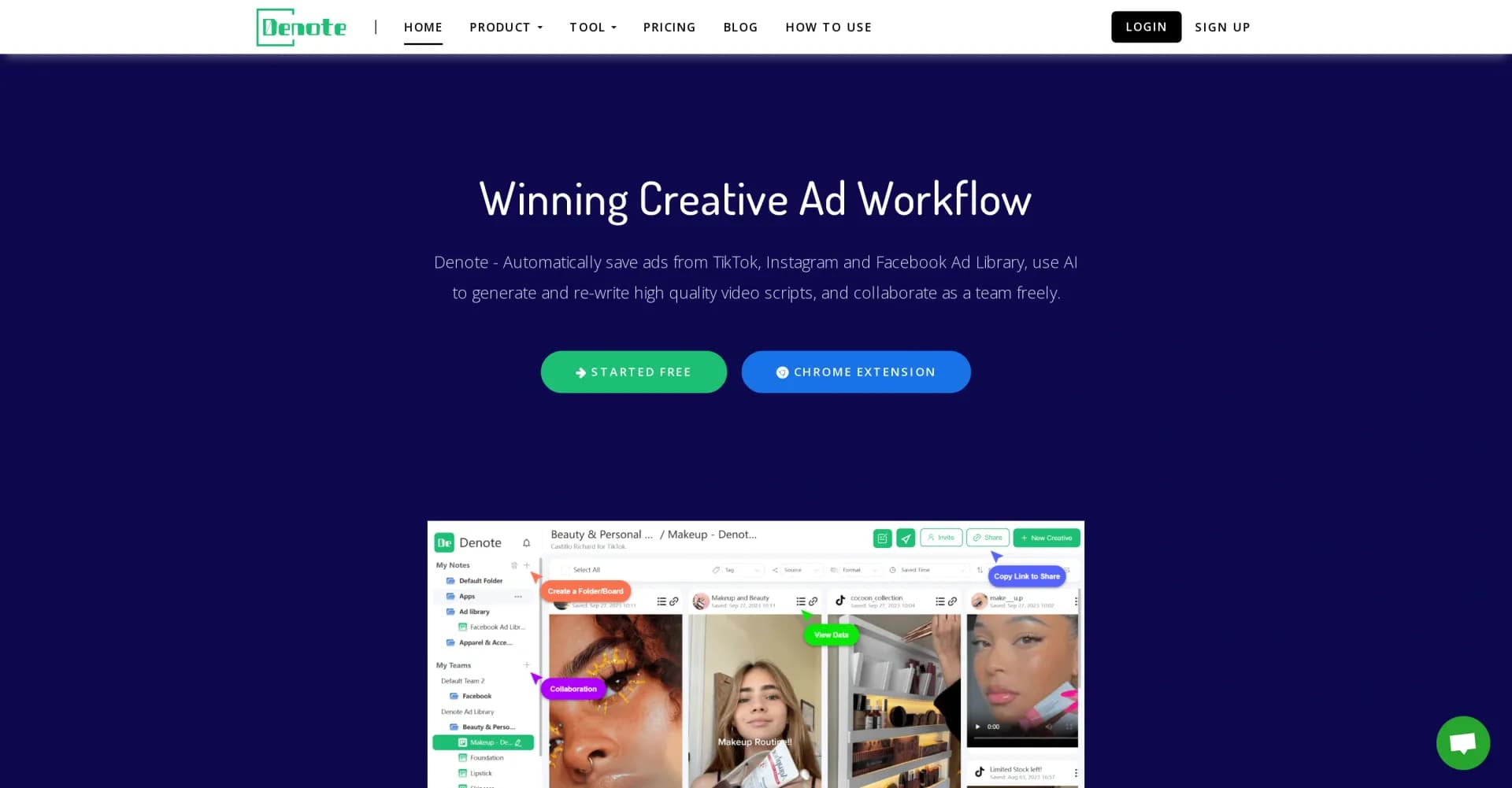 Denote homepage screenshot — Save and analyze ads across social platforms.