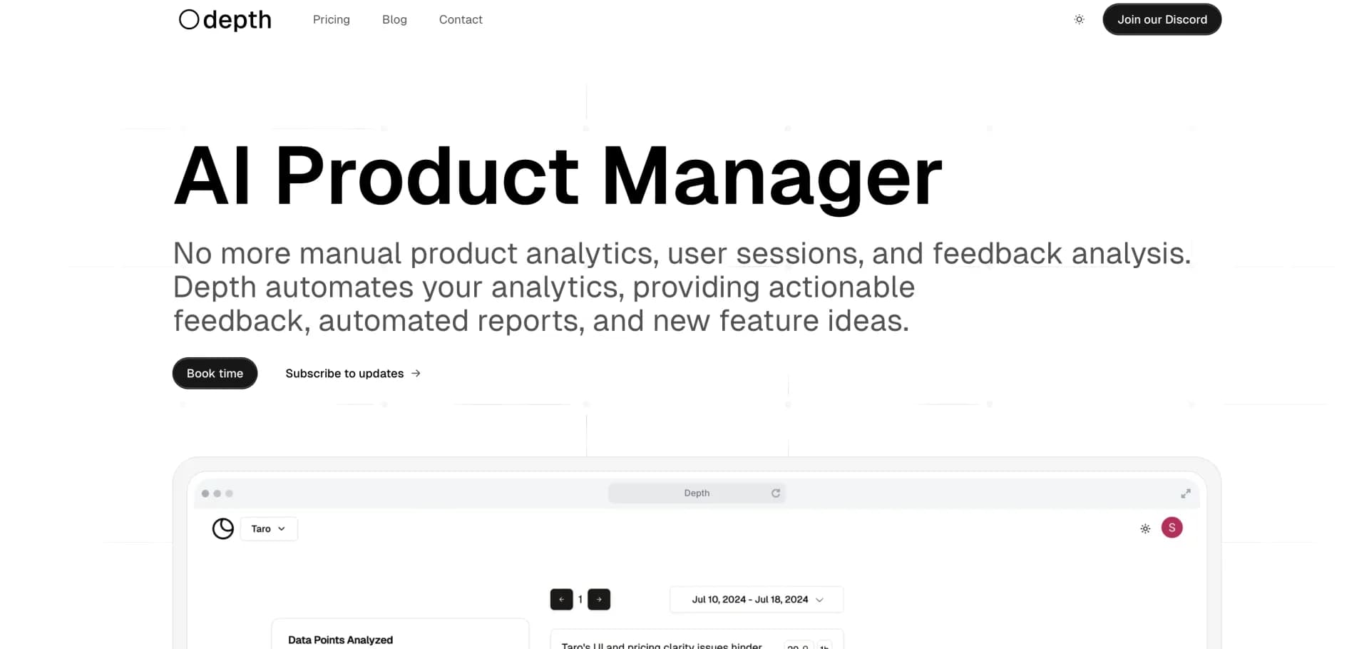 Depth - AI Product Manager homepage screenshot — Automate product analytics for actionable insights.