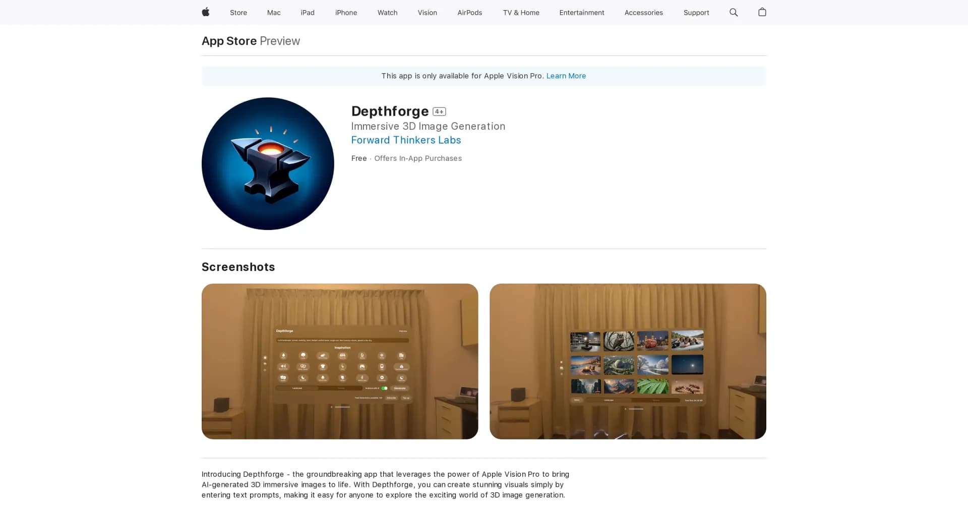 Depthforge homepage screenshot — Bringing AI-generated 3D immersive images to life.