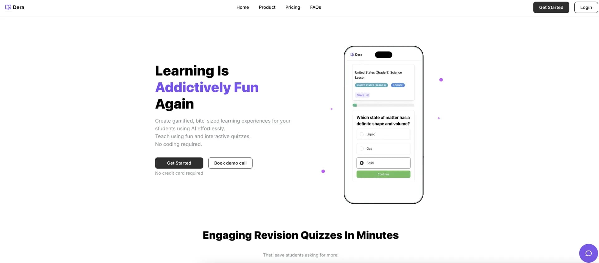 Dera homepage screenshot — Create AI-powered gamified lessons effortlessly.
