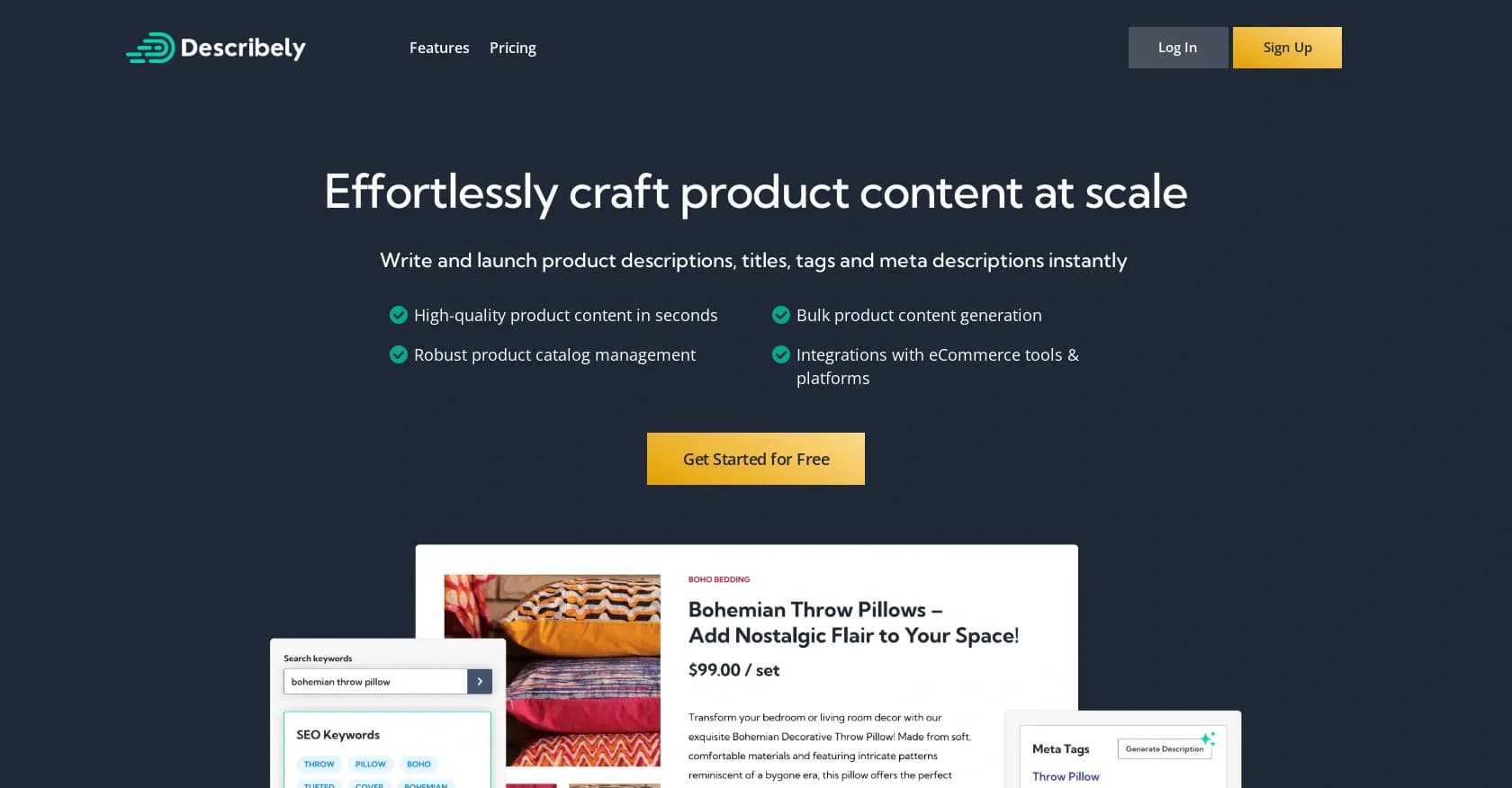 Describely homepage screenshot — AI-powered product content that sells.
