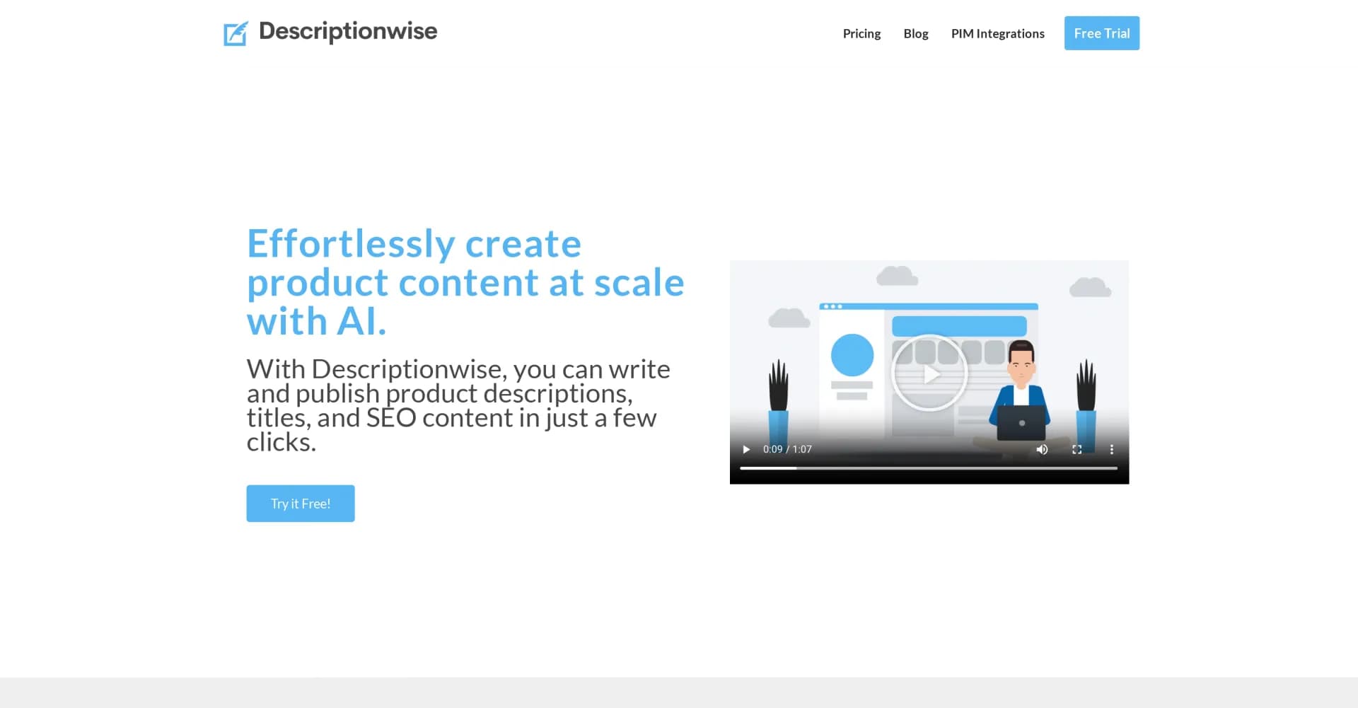 Descriptionwise homepage screenshot — AI-powered product content creation at scale.