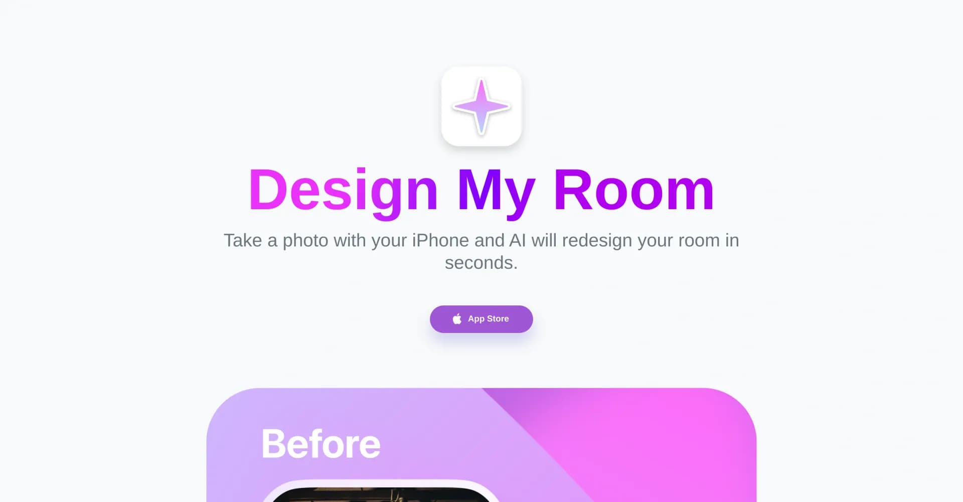 Design My Room homepage screenshot — AI transforms rooms with one photo