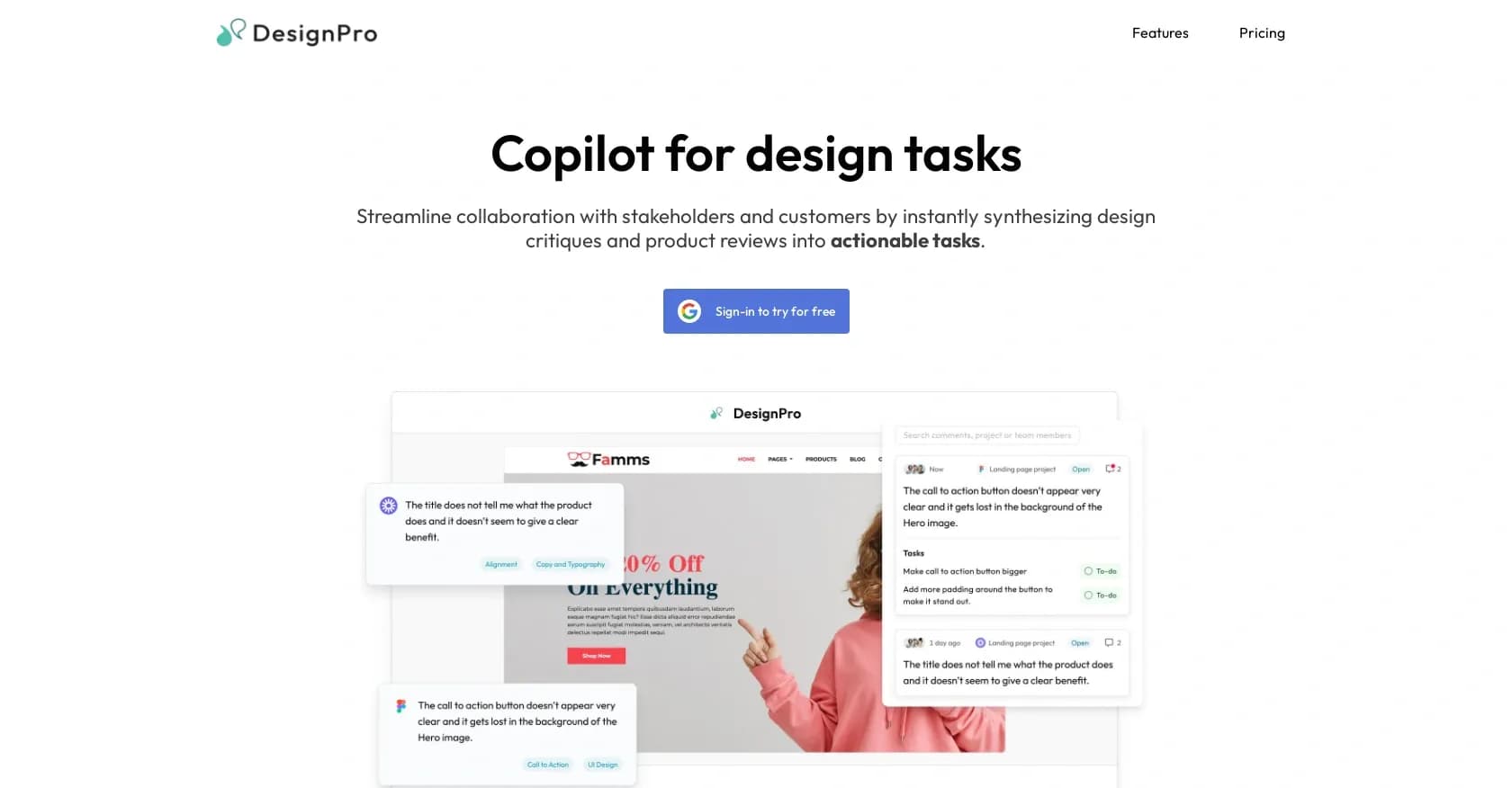Designpro homepage screenshot — Synthesize design feedback into actionable tasks instantly.