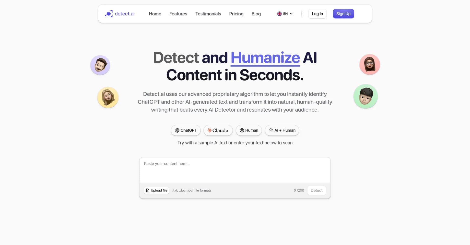 Detect.ai homepage screenshot — Detect AI text and transform it into human-like writing.