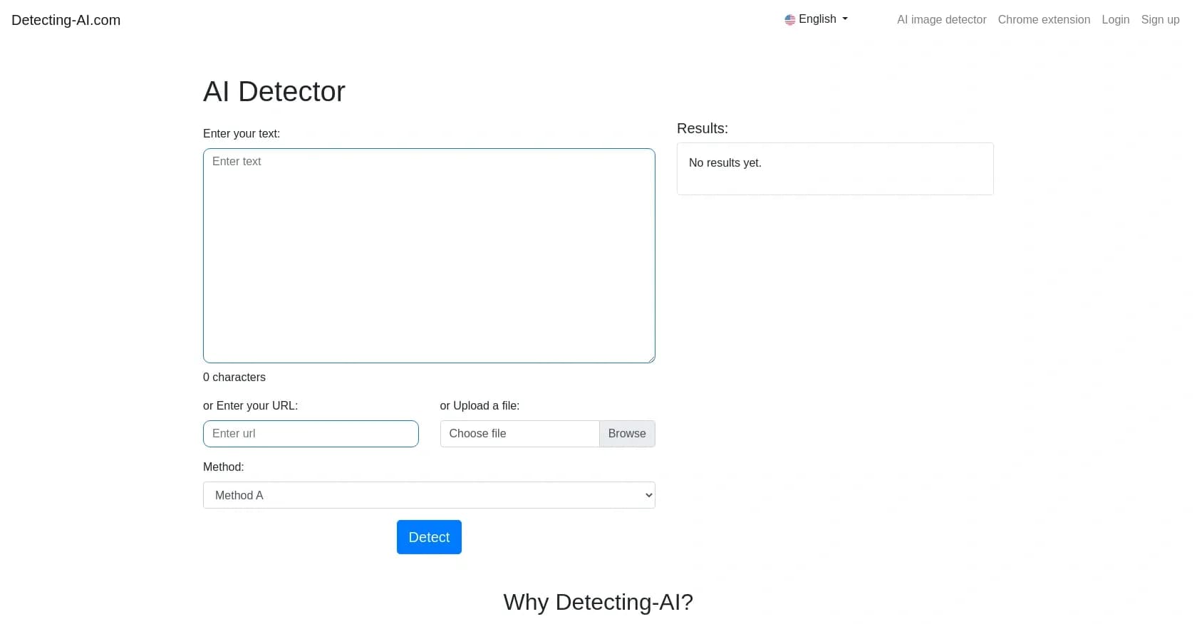 Detecting-AI.com homepage screenshot — Detect AI-generated content with precision.