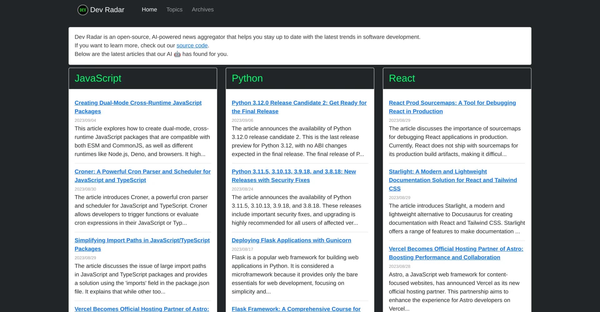 Dev Radar homepage screenshot — AI-powered news aggregator for software developers