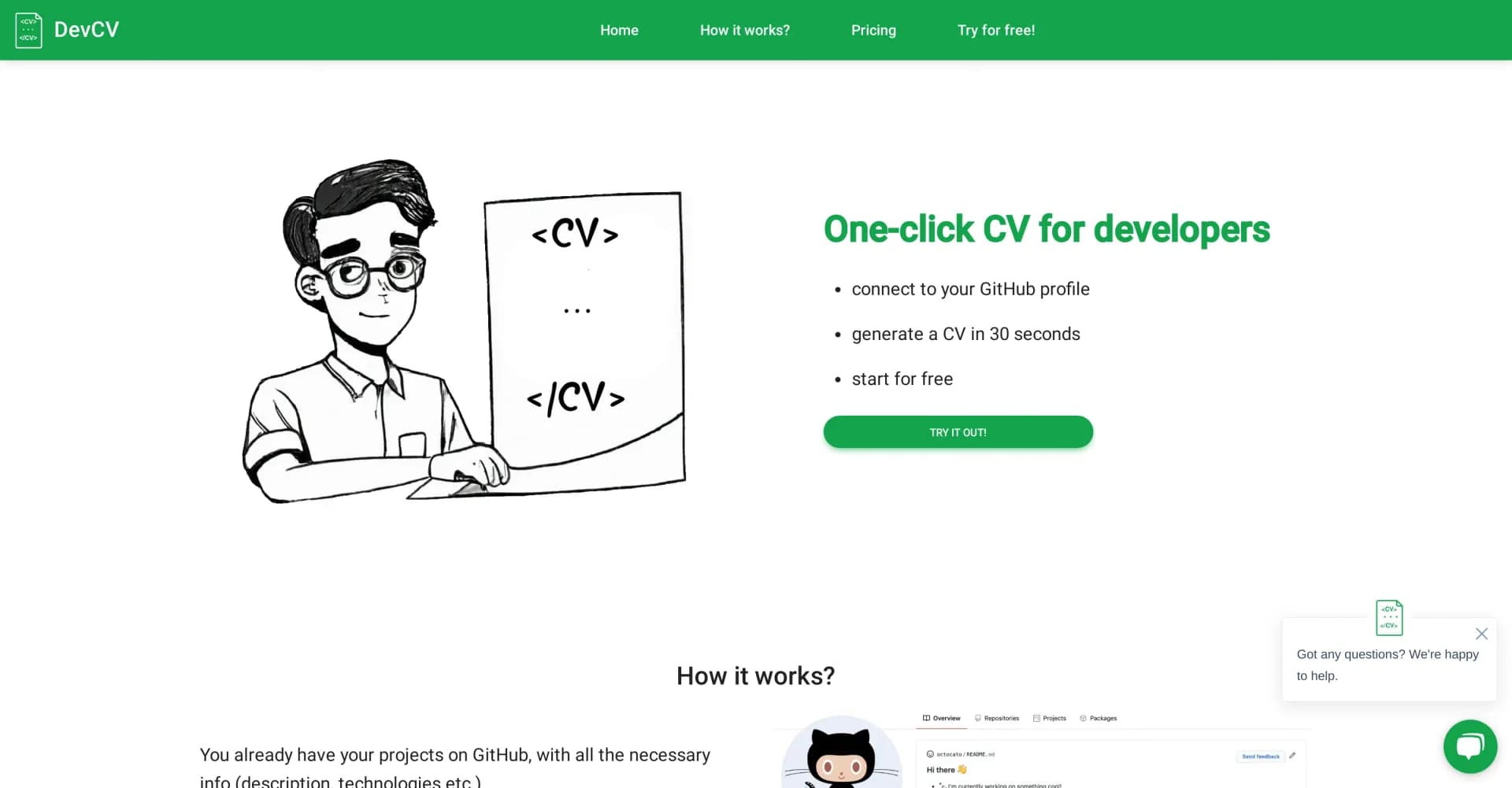 DevCV homepage screenshot — Create a CV from your GitHub profile in 30 seconds