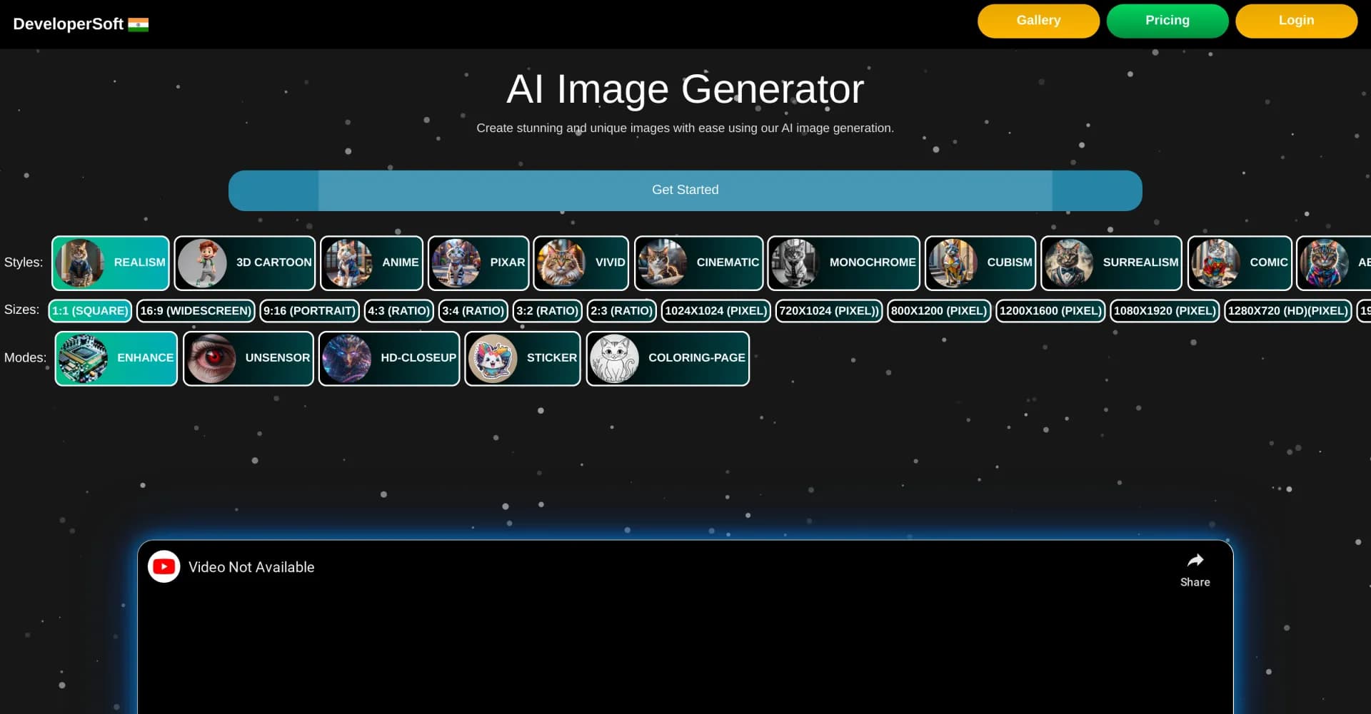 DeveloperSoft homepage screenshot — Create stunning AI-generated images effortlessly.